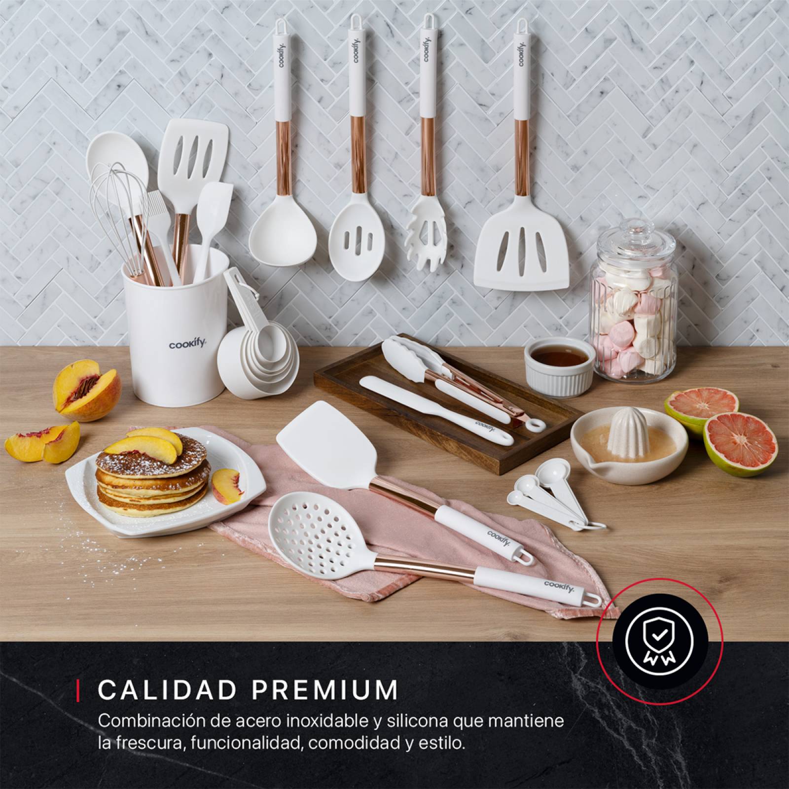 Set 24 pzas Utensilios de Cocina con Silicona y Acero Inoxidable Blanco / Oro Rosa Cookify