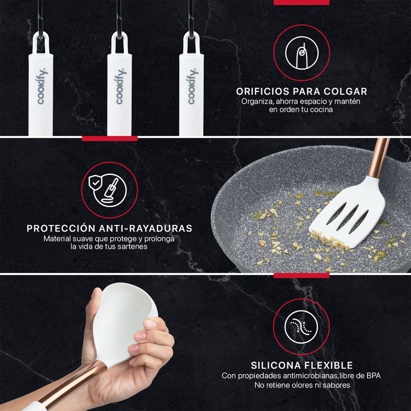 Set 24 pzas Utensilios de Cocina con Silicona y Acero Inoxidable Blanco / Oro Rosa Cookify