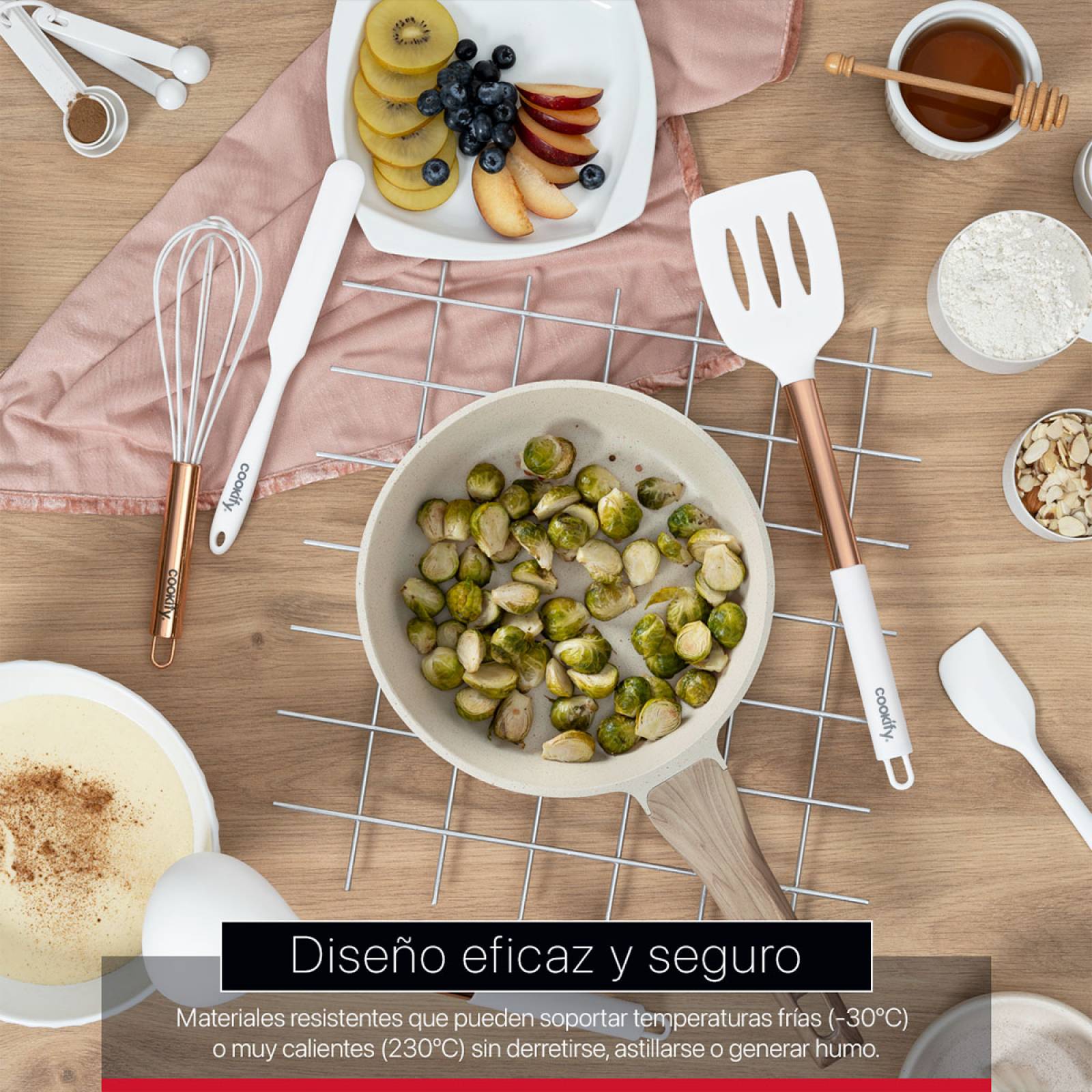 Set 24 pzas Utensilios de Cocina con Silicona y Acero Inoxidable Blanco / Oro Rosa Cookify