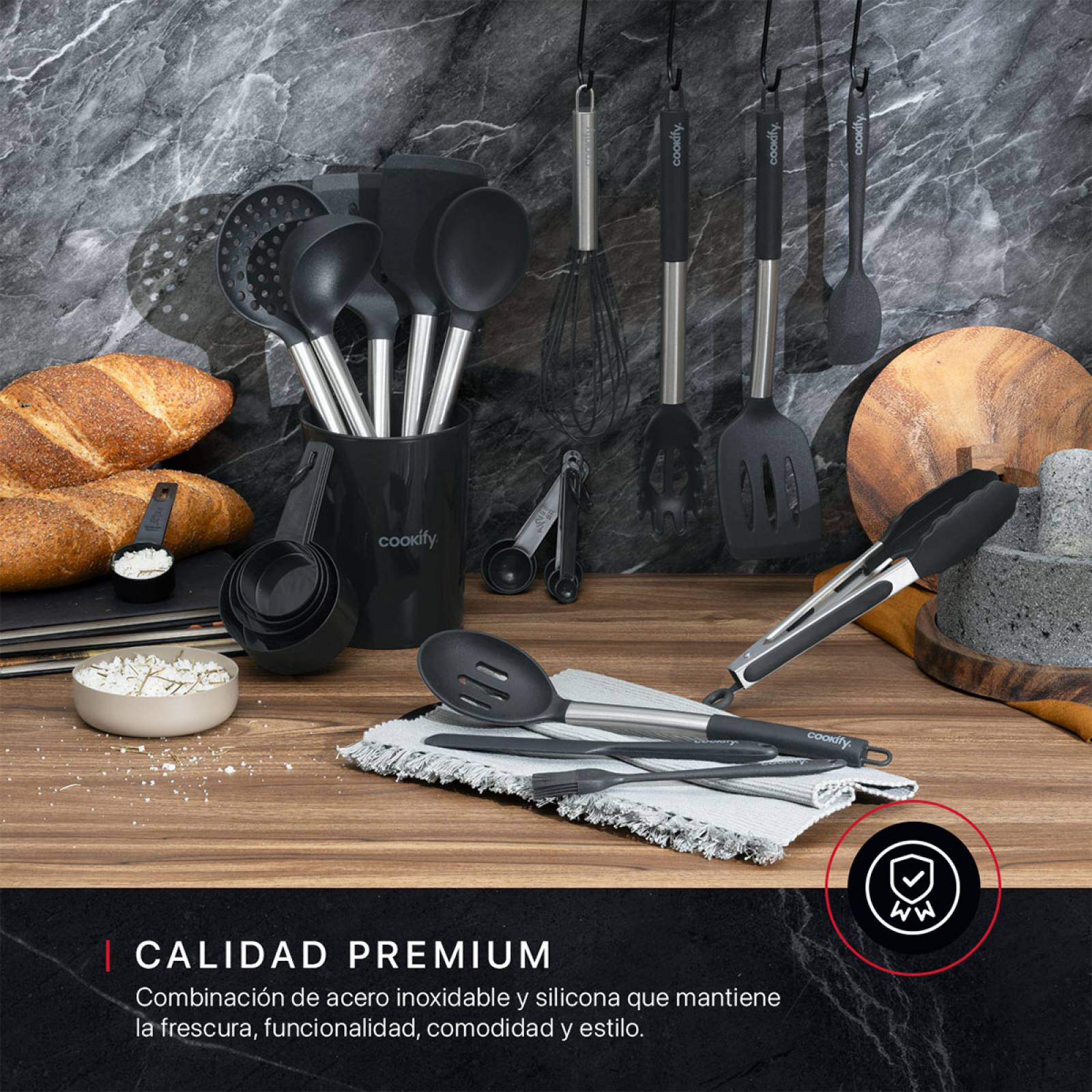 Set 24 pzas Utensilios de Cocina con Silicona y Acero Inoxidable Negro / Plateado Cookify