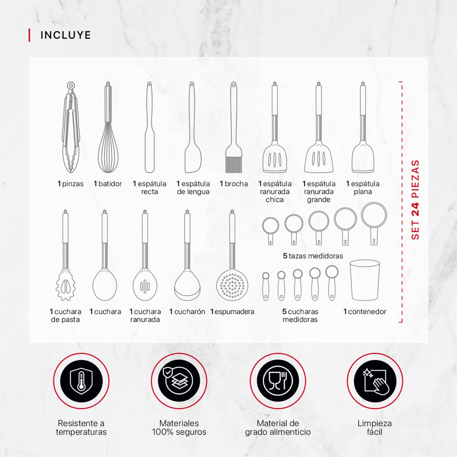Set 24 pzas Utensilios de Cocina con Silicona y Acero Inoxidable Negro / Plateado Cookify