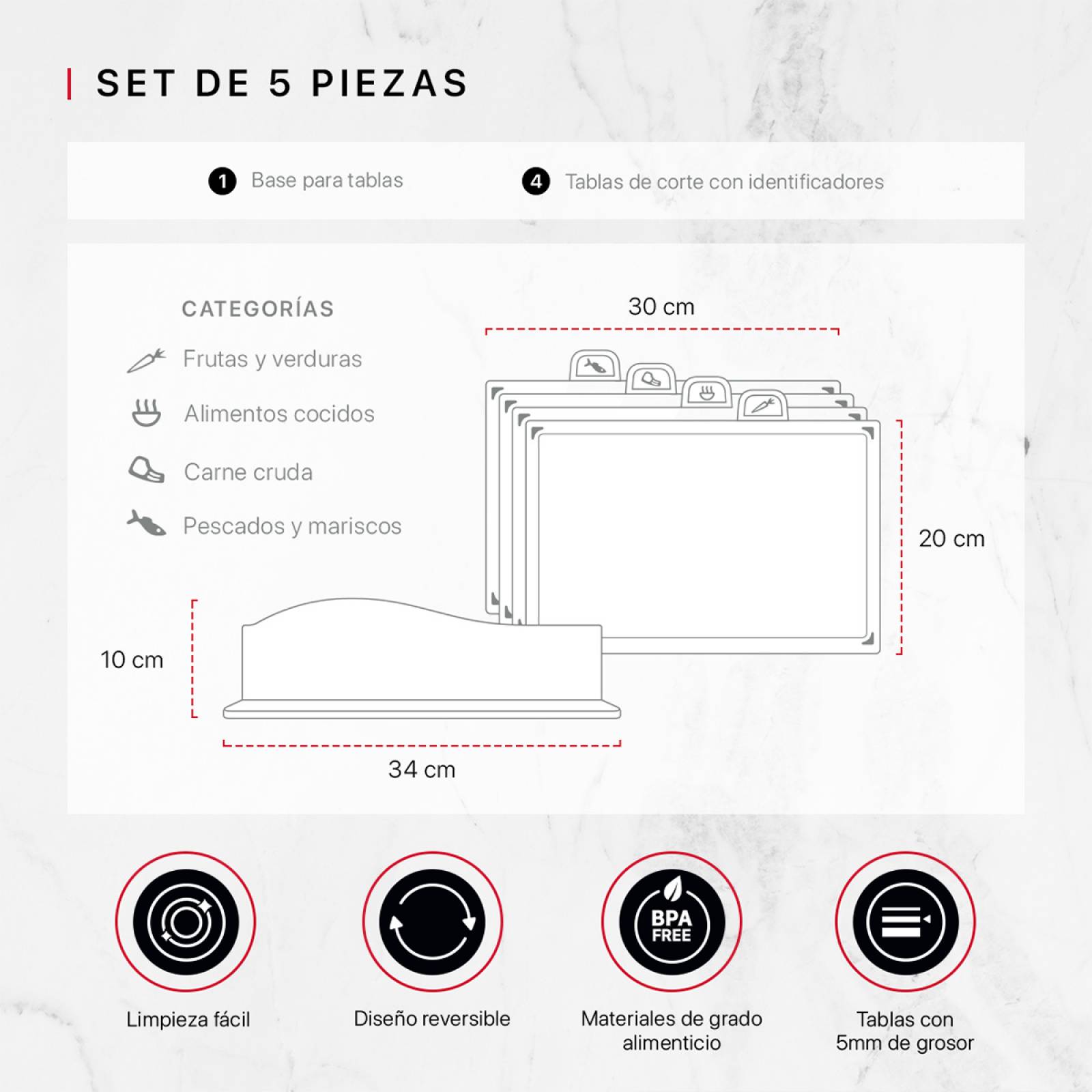Set 4 Tablas de Cocina con Base Para Picar Cortar Cookify