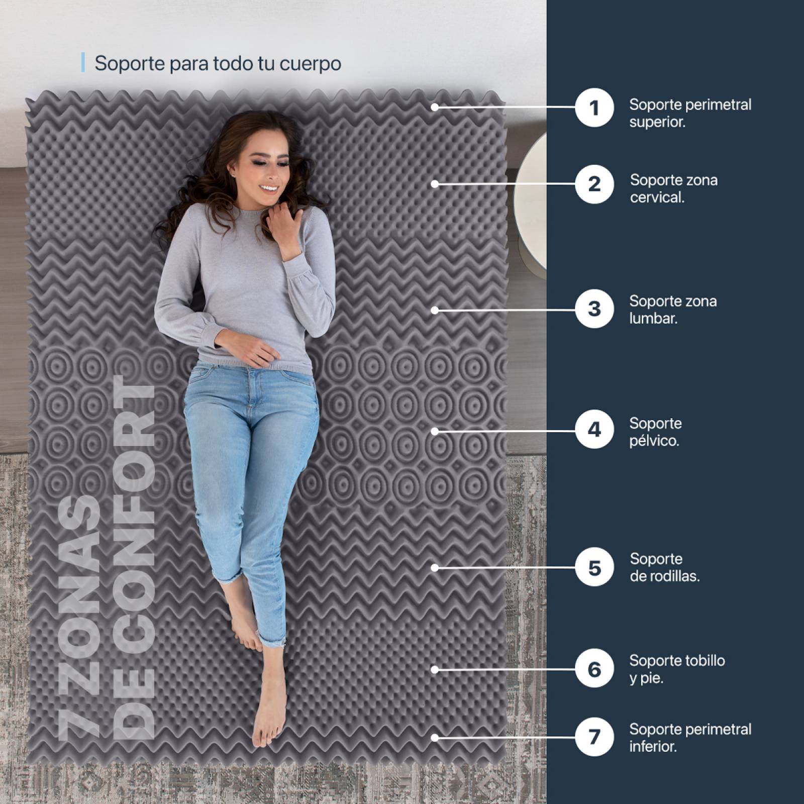 Colchoneta Cubrecolchón Memory Foam King Size Topper 7 Zonas de Confort Gris Oscuro ESQUIMAL.