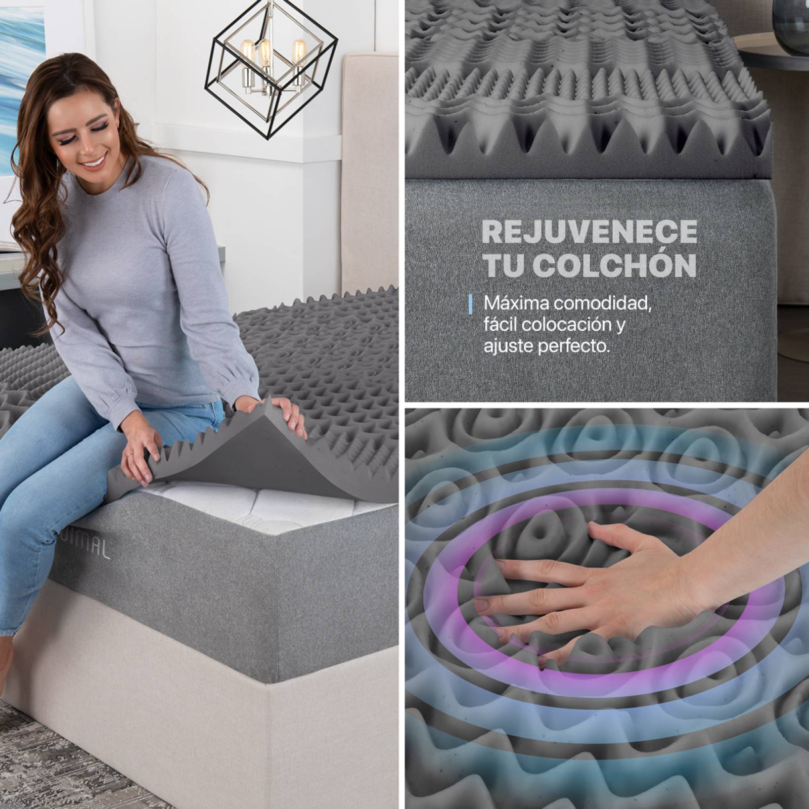 Colchoneta Cubrecolchón Memory Foam King Size Topper 7 Zonas de Confort Gris Oscuro ESQUIMAL.