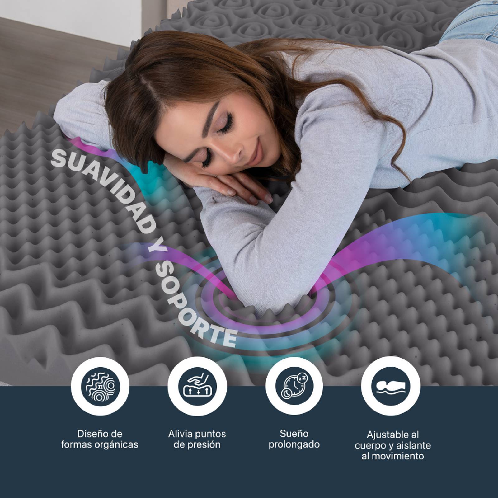 Colchoneta Cubrecolchón Memory Foam King Size Topper 7 Zonas de Confort Gris Oscuro ESQUIMAL.