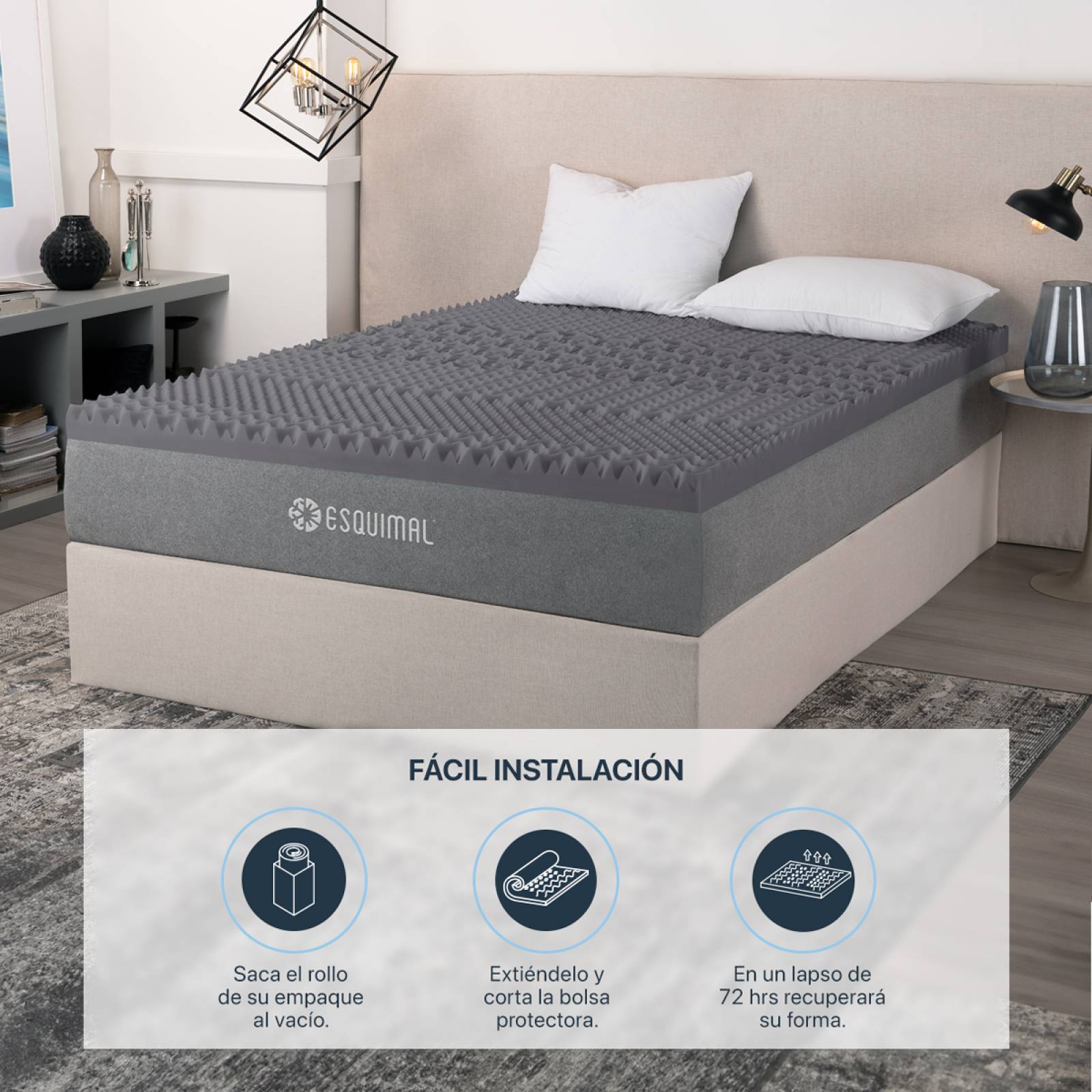 Colchoneta Cubrecolchón Memory Foam King Size Topper 7 Zonas de Confort Gris Oscuro ESQUIMAL.
