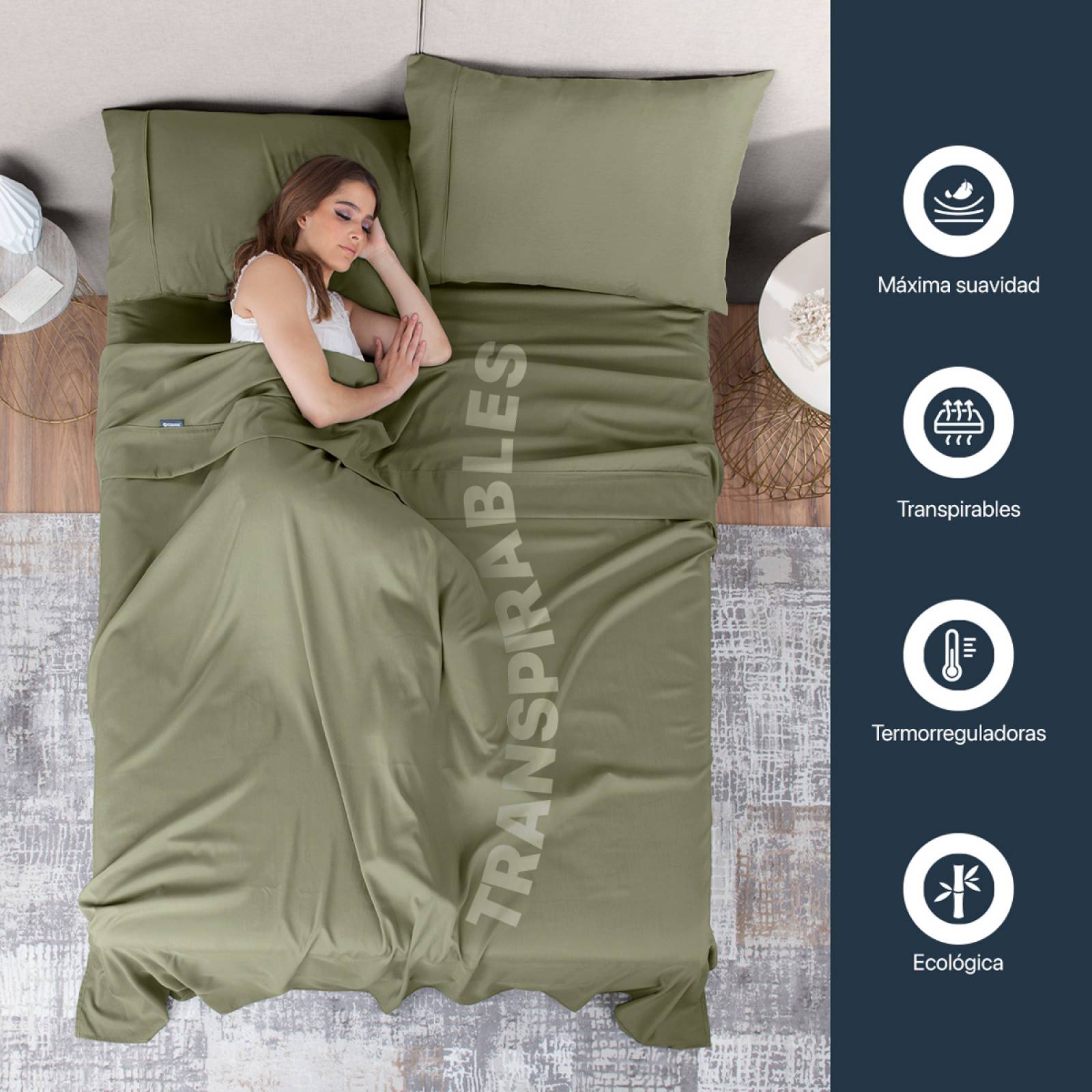 Sábanas Matrimonial De Bambú / Bamboo Ultra Suaves Y Frescas Verde Olivo ESQUIMAL.