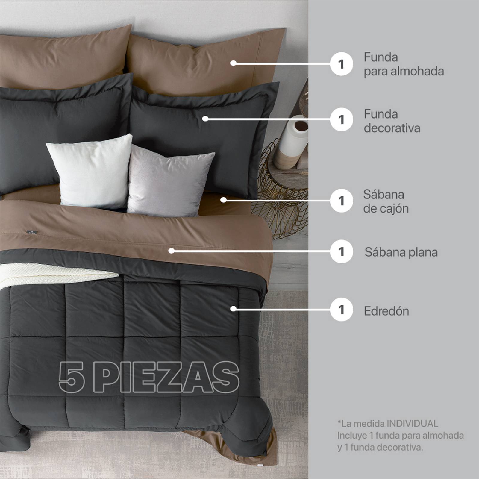 Set Edredón Individual con Fundas y Sábanas 5 Pzas Grafito / Café Claro Real Textil.