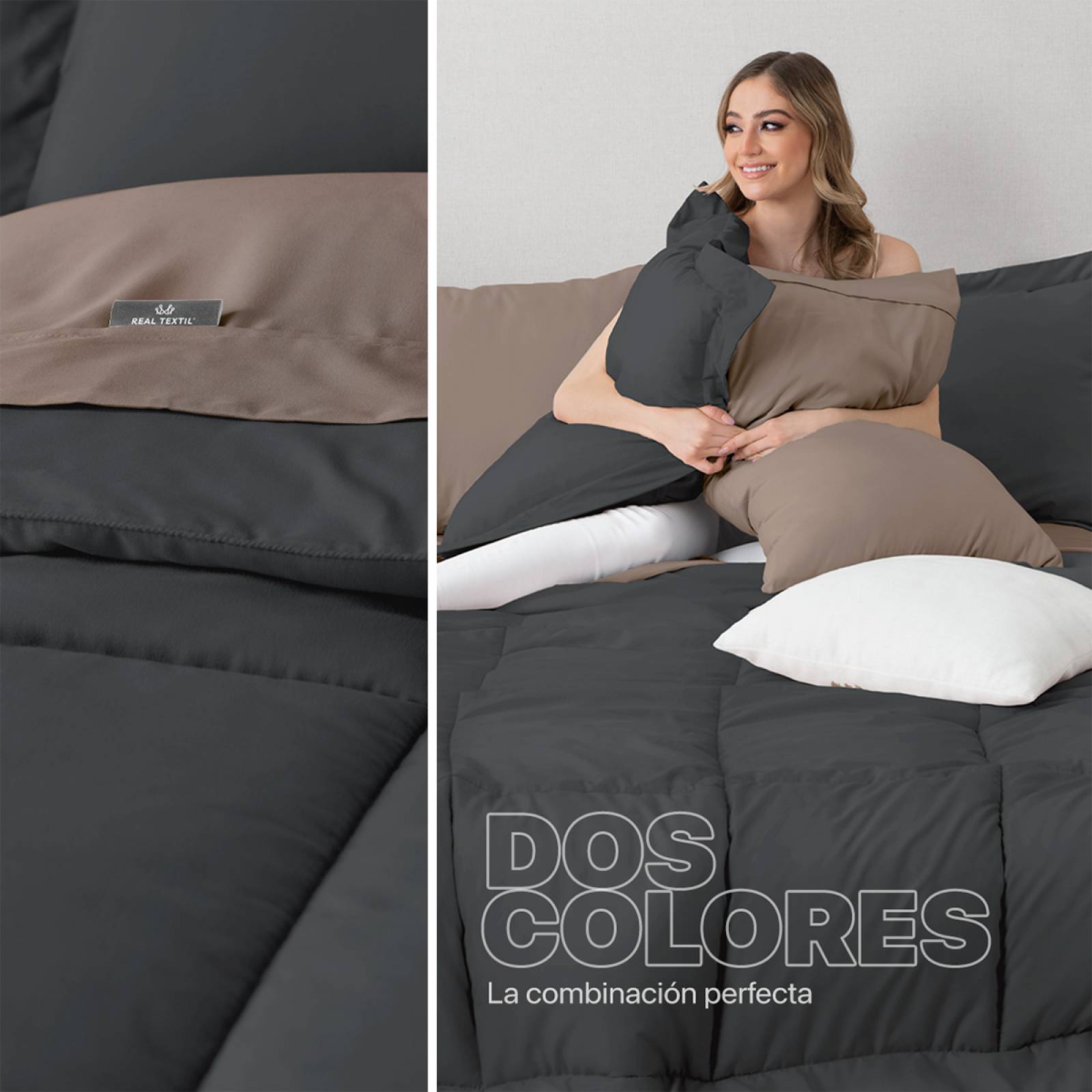 Set Edredón Individual con Fundas y Sábanas 5 Pzas Grafito / Café Claro Real Textil.