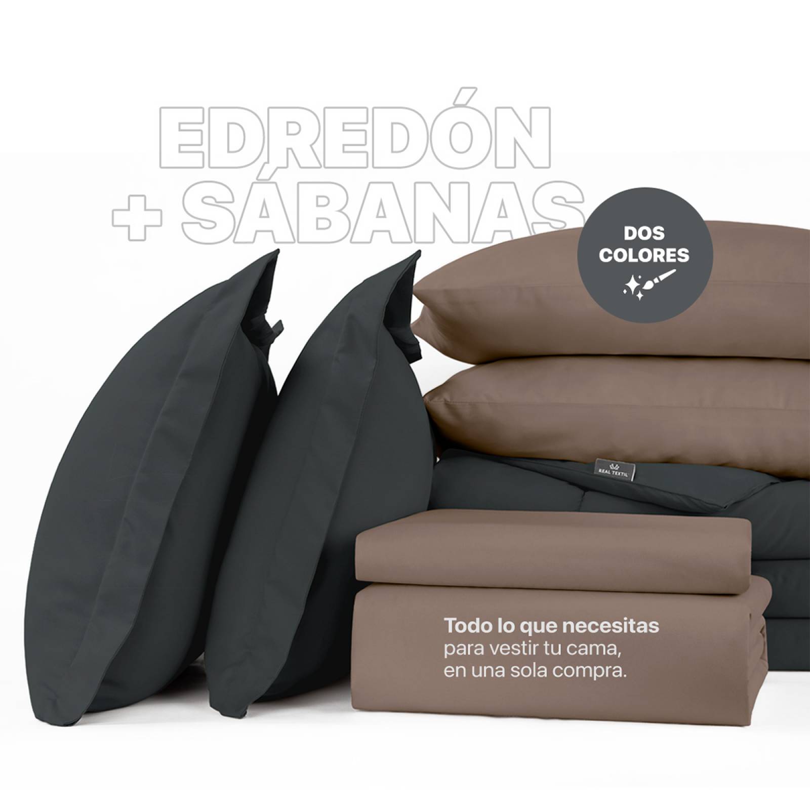 Set Edredón Queen Size con Fundas y Sábanas 7 Pzas Grafito / Café Claro Real Textil.