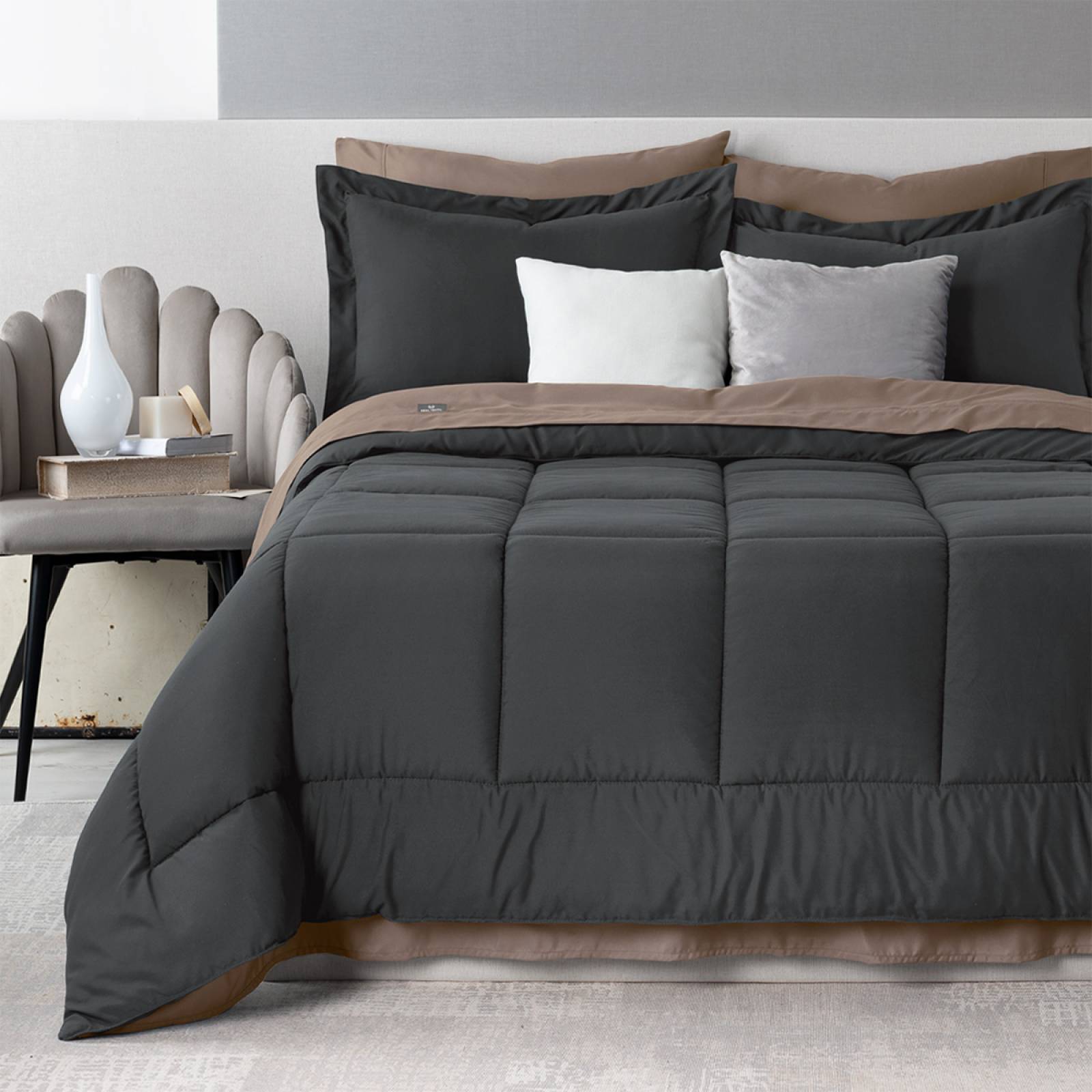 Set Edredón King Size XL con Fundas y Sábanas 7 Pzas Grafito / Café Claro Real Textil