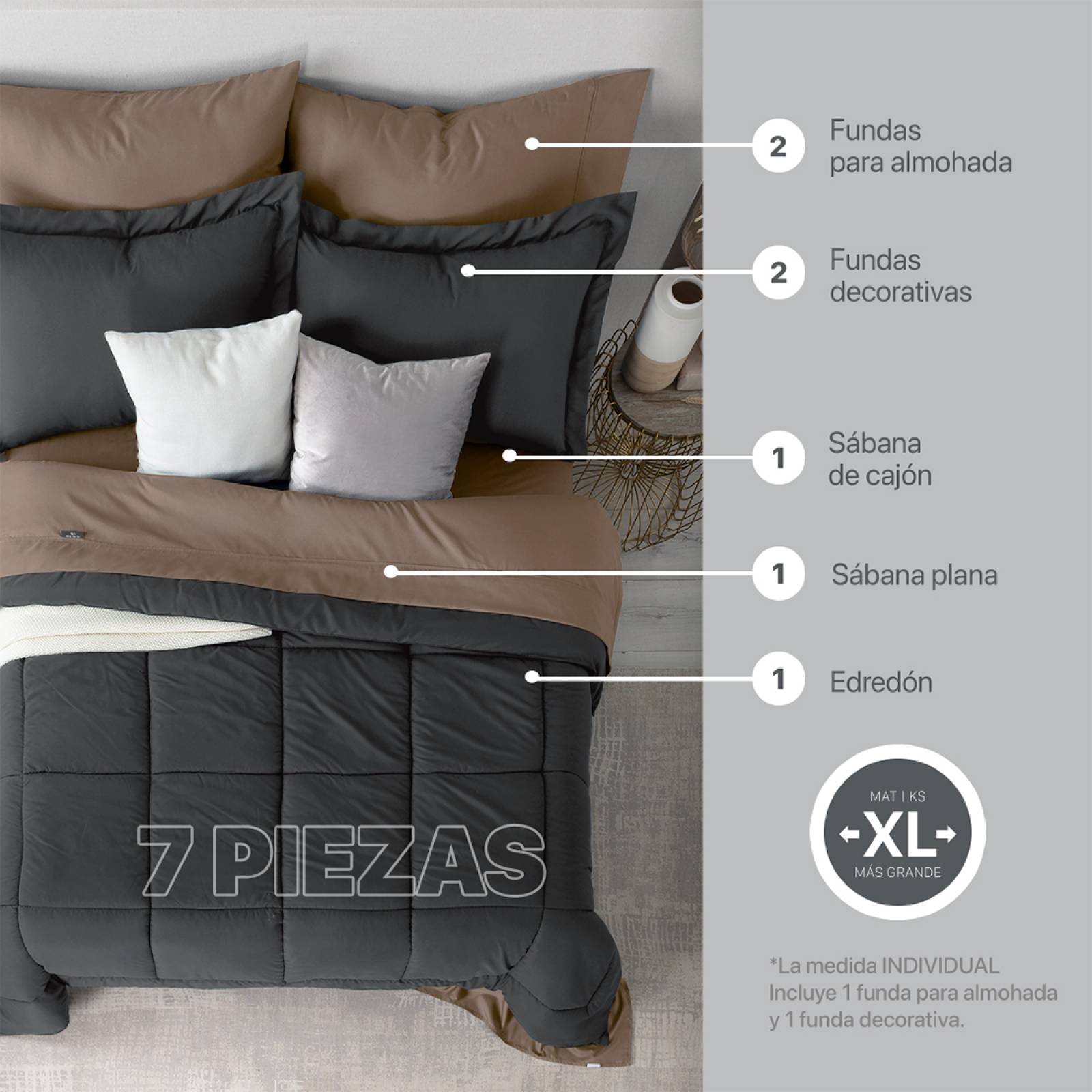 Set Edredón King Size XL con Fundas y Sábanas 7 Pzas Grafito / Café Claro Real Textil