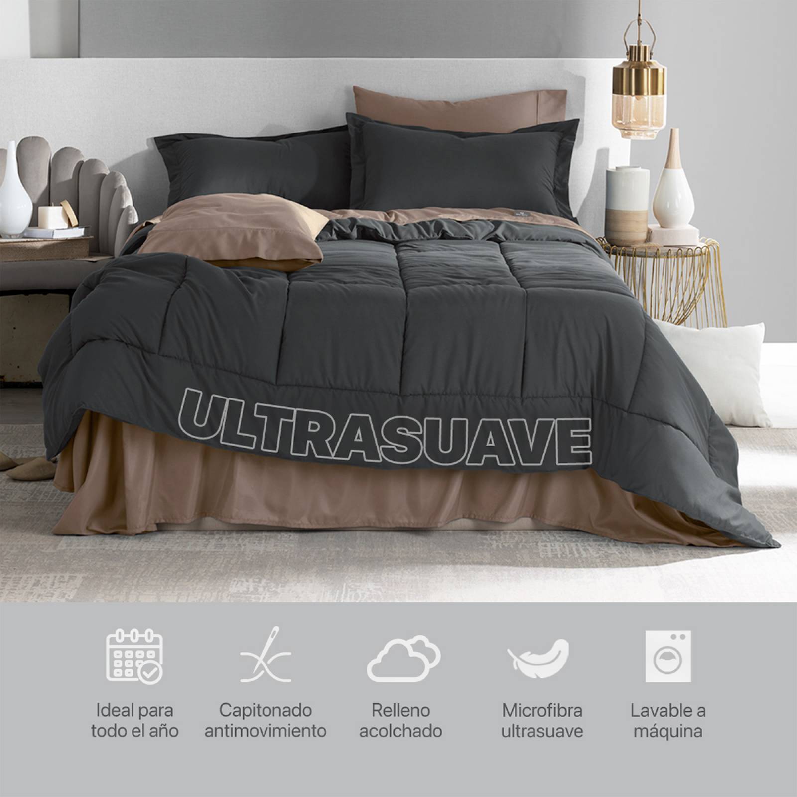 Set Edredón King Size XL con Fundas y Sábanas 7 Pzas Grafito / Café Claro Real Textil