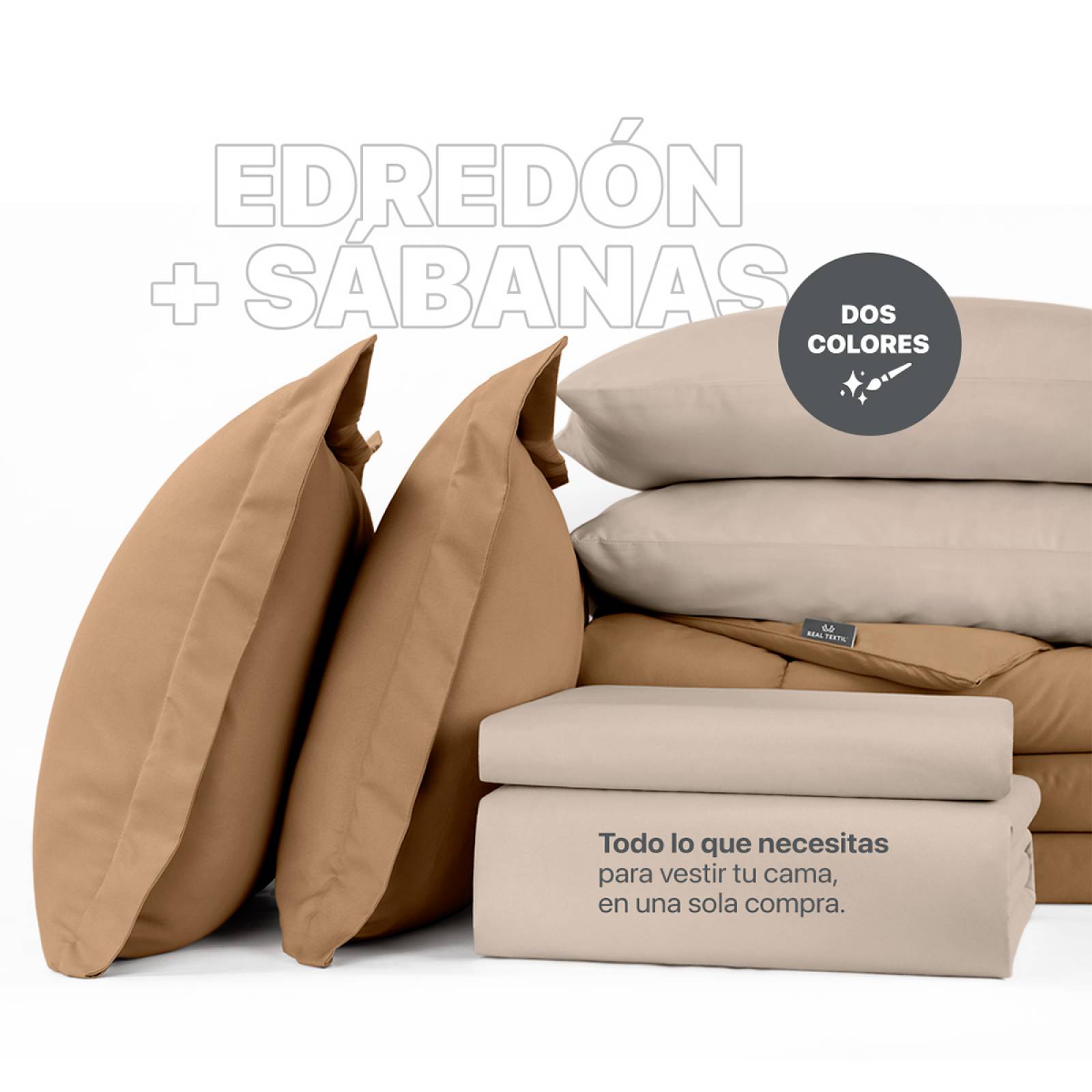 Set Edredón Matrimonial con Fundas y Sábanas 7 Pzas Terracota / Khaki Claro Real Textil