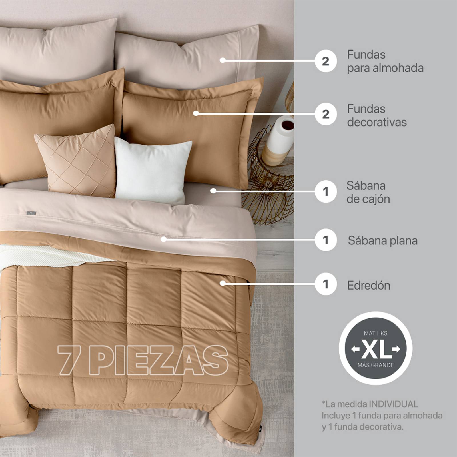 Set Edredón Matrimonial con Fundas y Sábanas 7 Pzas Terracota / Khaki Claro Real Textil