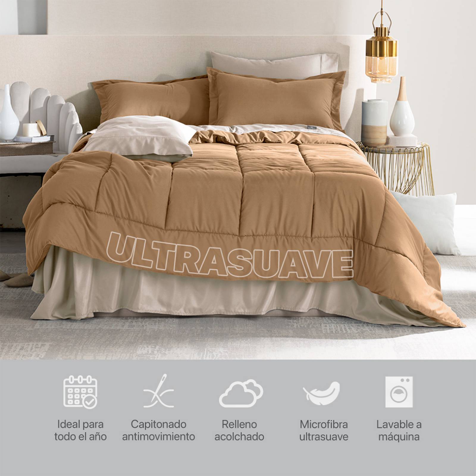 Set Edredón Matrimonial con Fundas y Sábanas 7 Pzas Terracota / Khaki Claro Real Textil