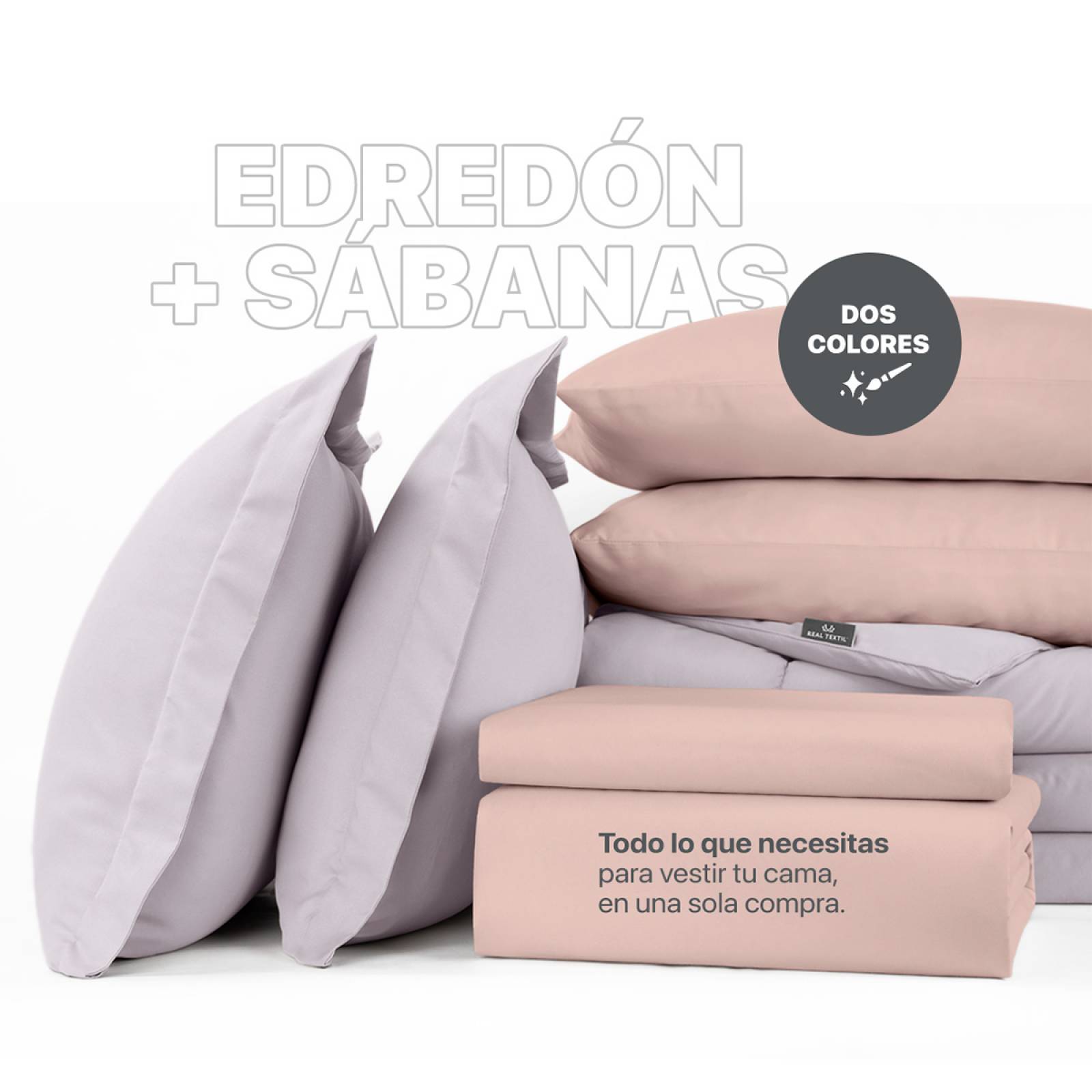 Set Edredón Individual con Fundas y Sábanas 5 Pzas Lavanda / Palo de Rosa Claro Real Textil.