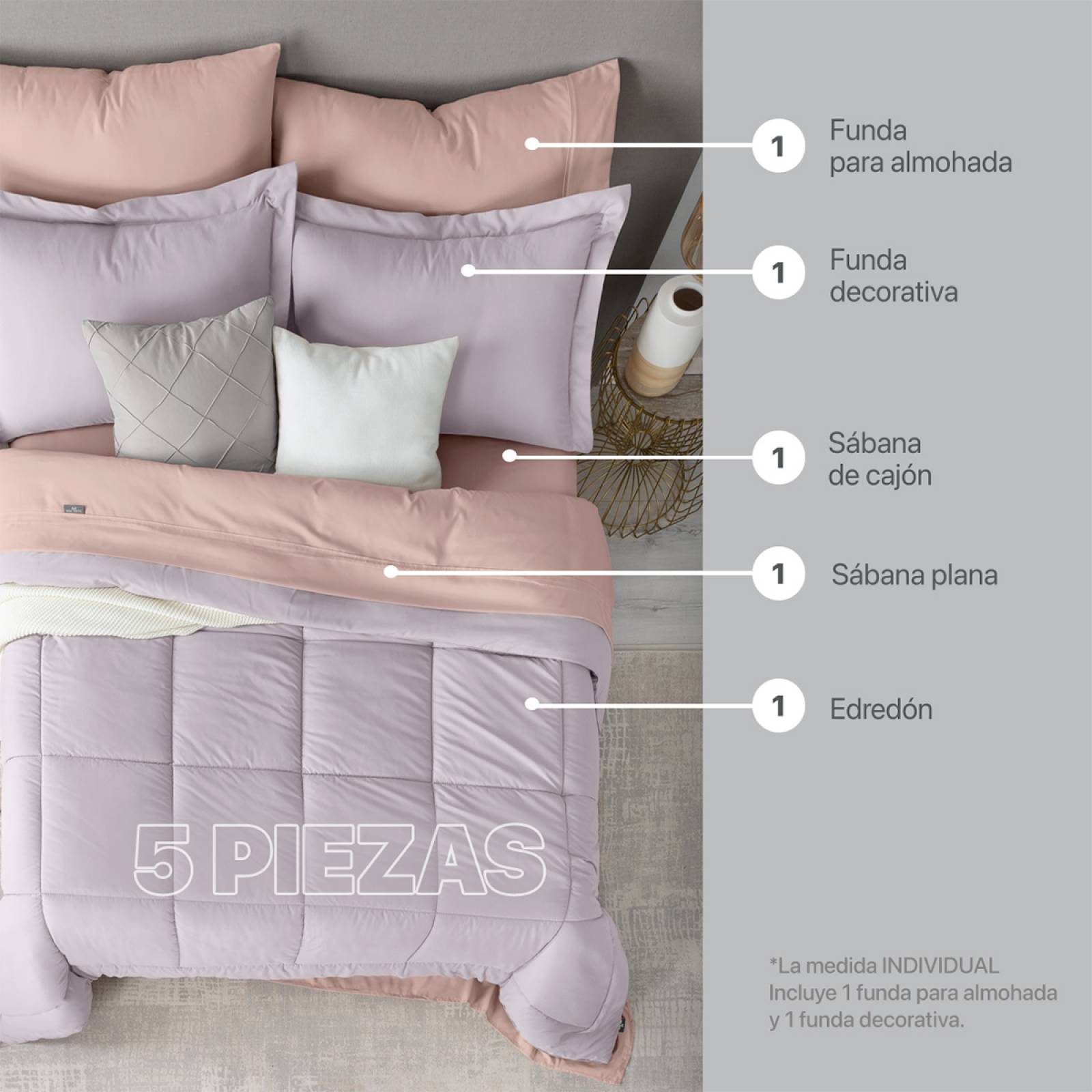 Set Edredón Individual con Fundas y Sábanas 5 Pzas Lavanda / Palo de Rosa Claro Real Textil.