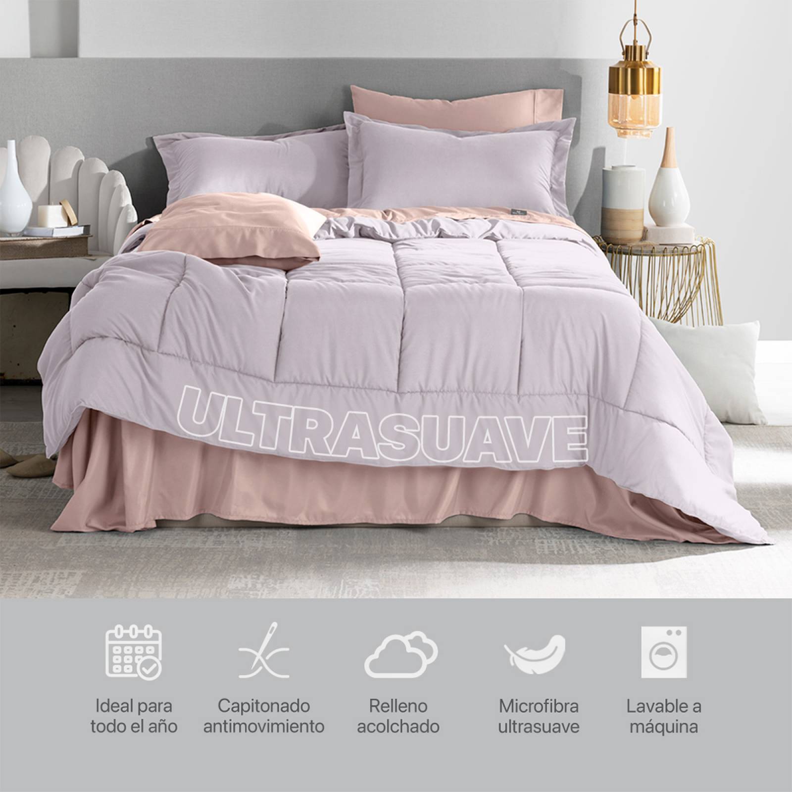 Set Edredón Individual con Fundas y Sábanas 5 Pzas Lavanda / Palo de Rosa Claro Real Textil.