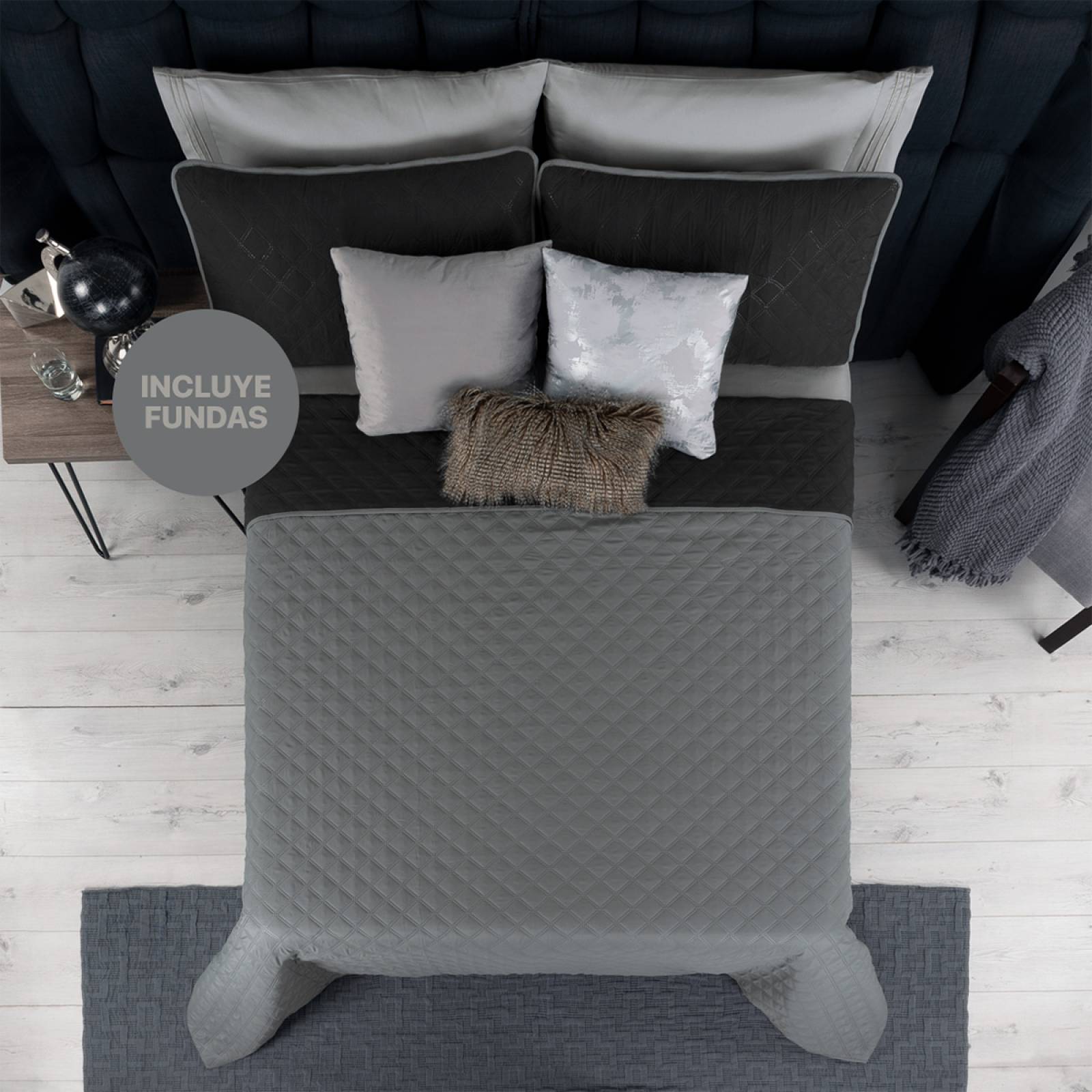 Edredón Ligero Queen Size Doble Vista con Funda Negro - Gris REAL TEXTIL.