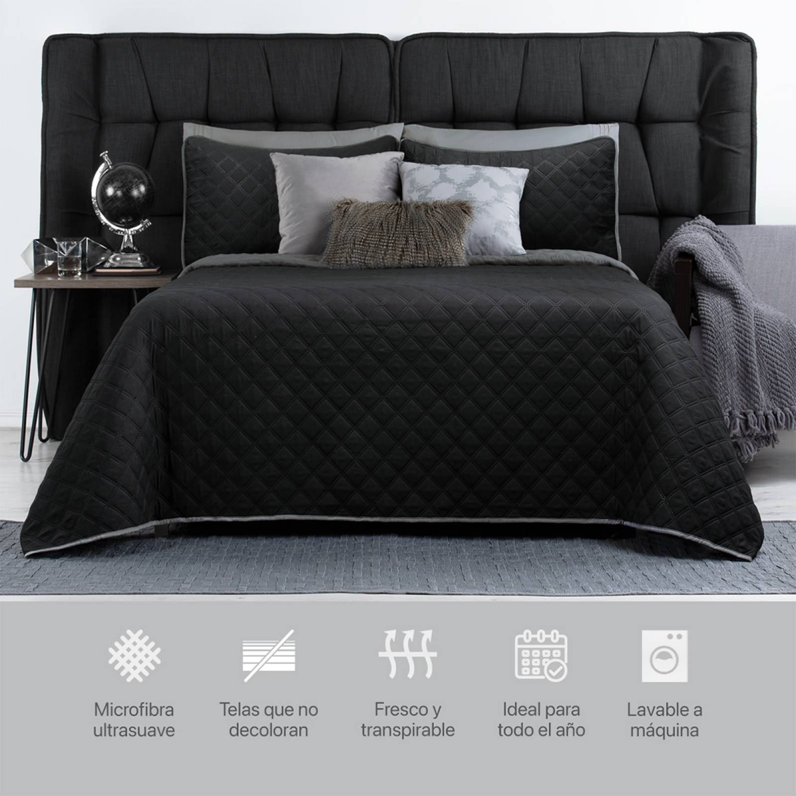 Edredón Ligero Queen Size Doble Vista con Funda Negro - Gris REAL TEXTIL.