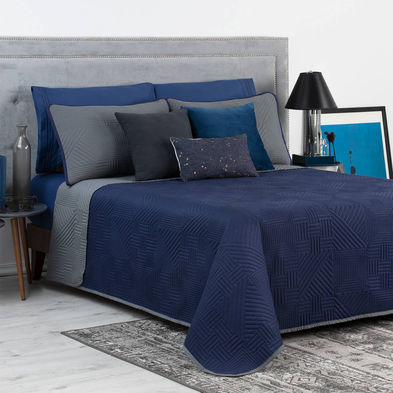 Edredón Ligero Queen Size Doble Vista con Funda Azul Marino - Gris Oscuro REAL TEXTIL.