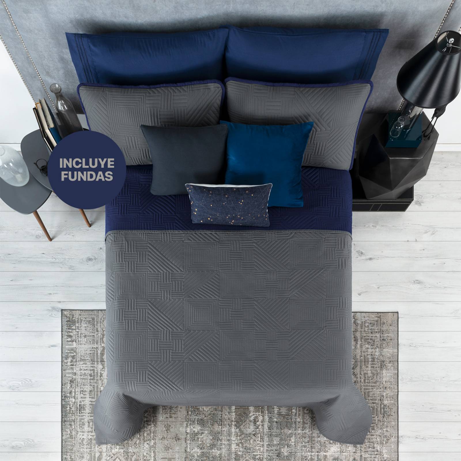 Edredón Ligero Queen Size Doble Vista con Funda Azul Marino - Gris Oscuro REAL TEXTIL.