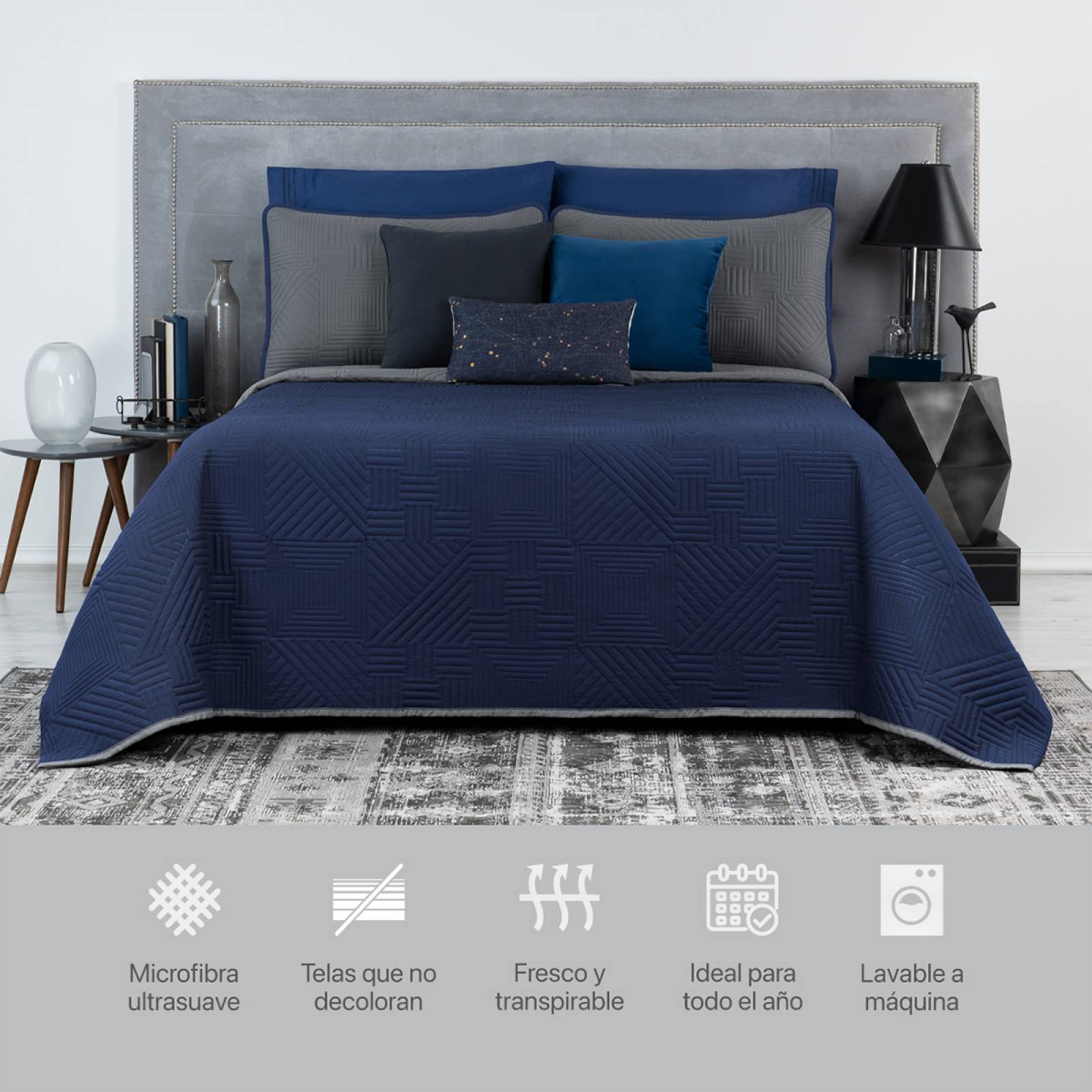 Edredón Ligero Queen Size Doble Vista con Funda Azul Marino - Gris Oscuro REAL TEXTIL.