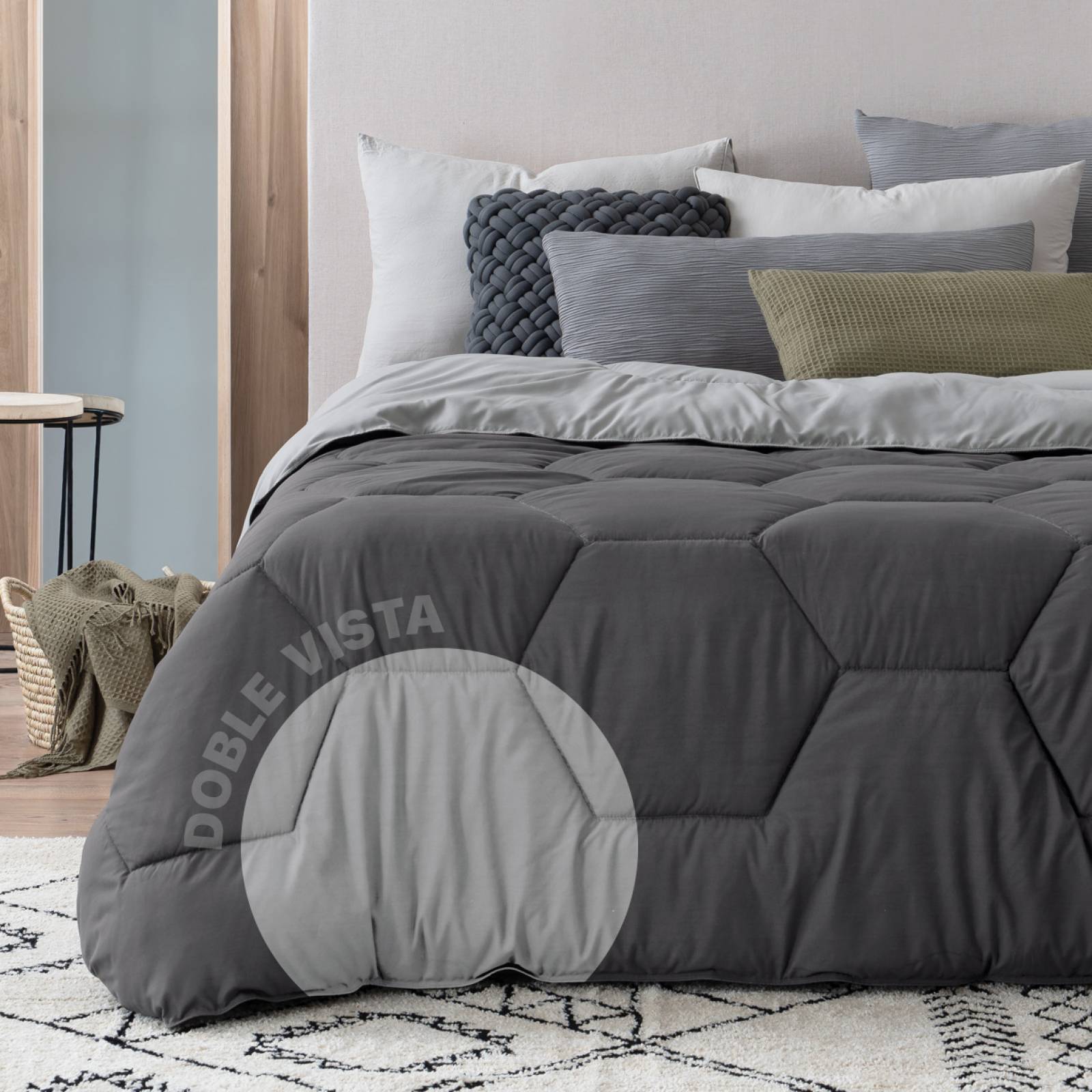 Edredón Acolchado Duvet Queen Size de Doble Vista Gris Oscuro - Gris Medio ESQUIMAL