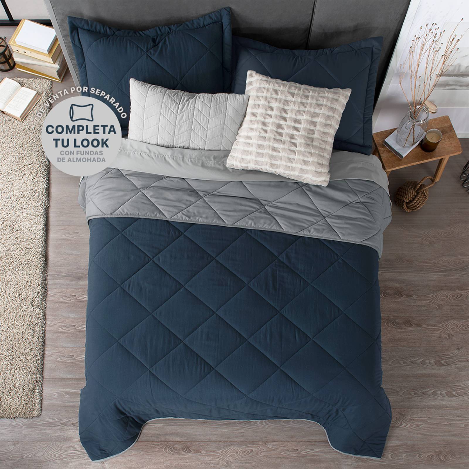 Edredón Colcha Ligero de Doble Vista Matrimonial Azul - Gris Real Textil.