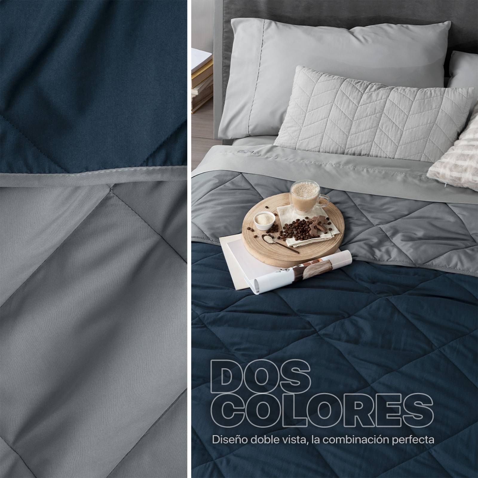 Edredón Colcha Ligero de Doble Vista Matrimonial Azul - Gris Real Textil.