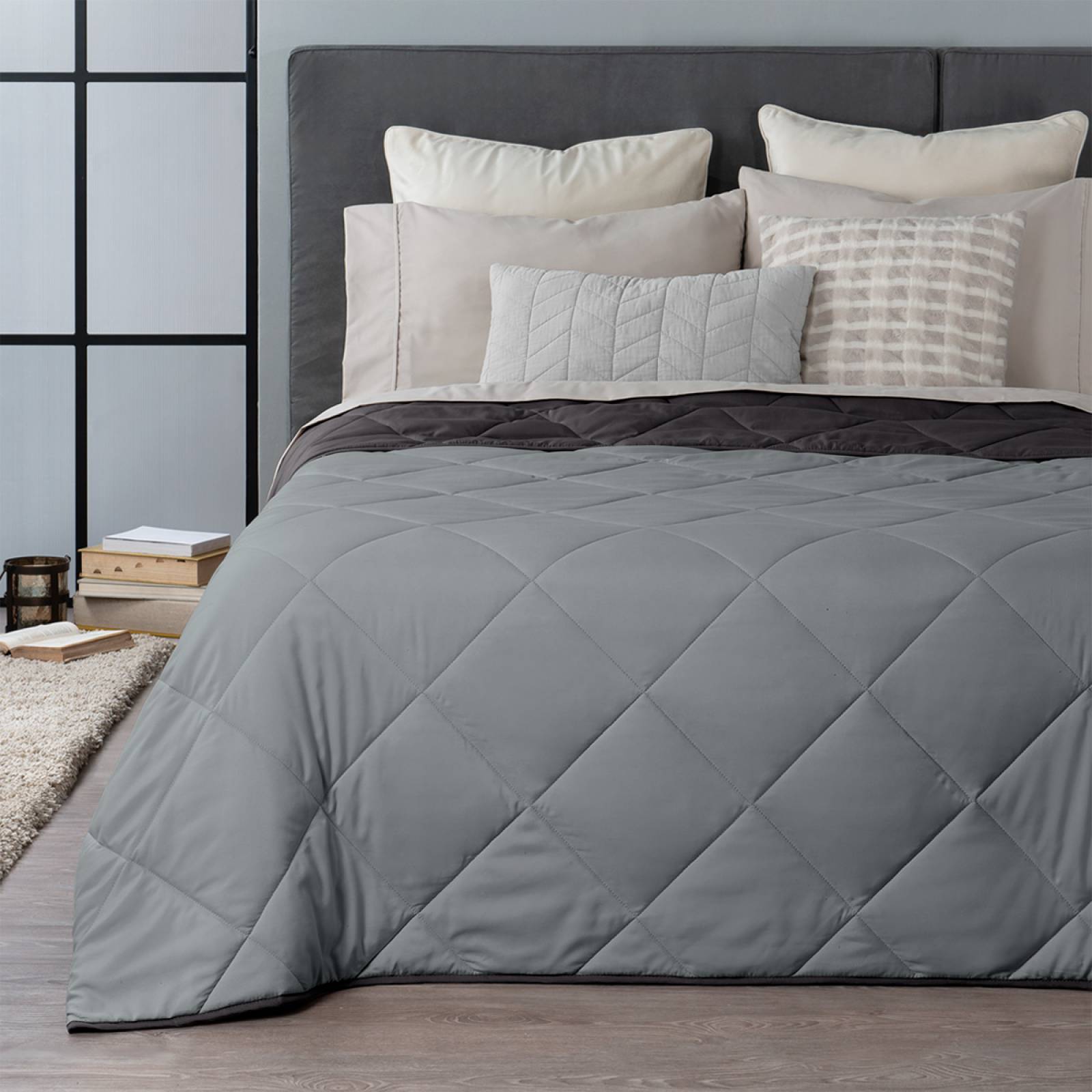 Edredón Colcha Ligero de Doble Vista Queen Size Gris - Negro Real Textil