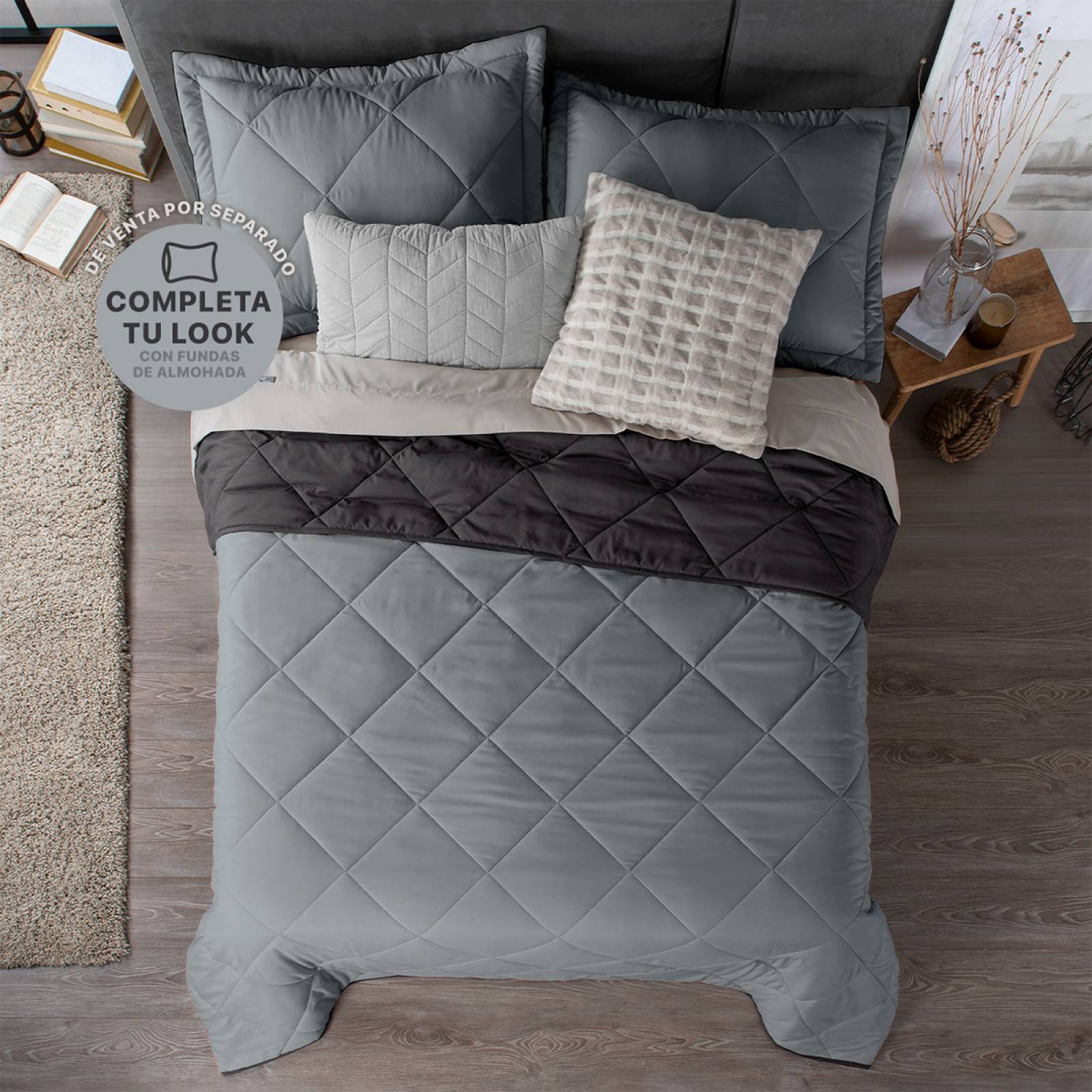Edredón Colcha Ligero de Doble Vista Queen Size Gris - Negro Real Textil