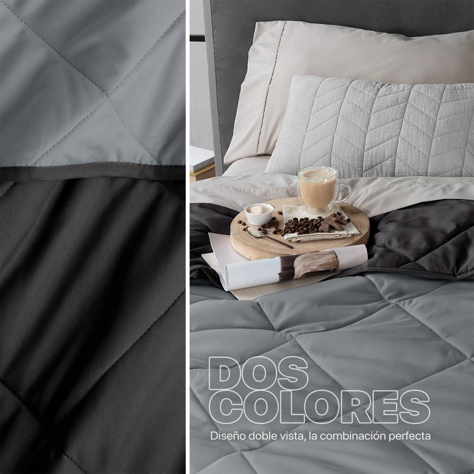 Edredón Colcha Ligero de Doble Vista Queen Size Gris - Negro Real Textil