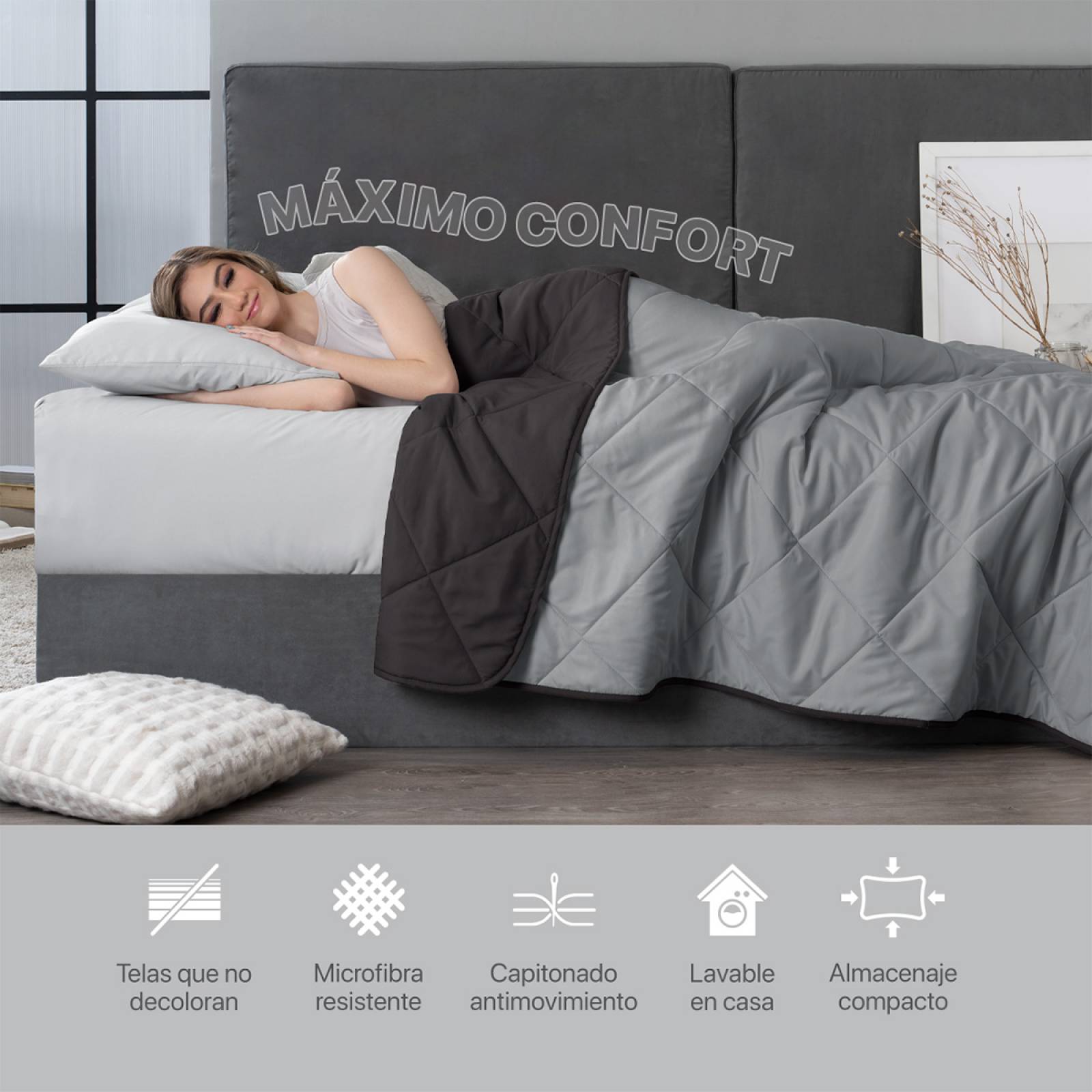 Edredón Colcha Ligero de Doble Vista Queen Size Gris - Negro Real Textil