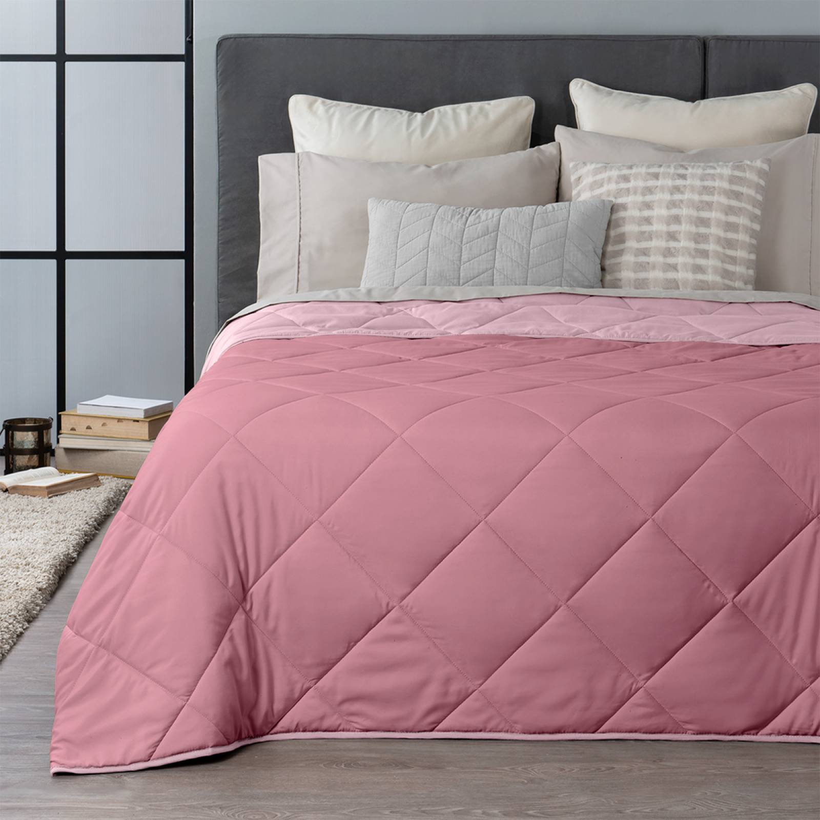 Edredón Colcha Ligero de Doble Vista Queen Size Rosa Rosa Claro