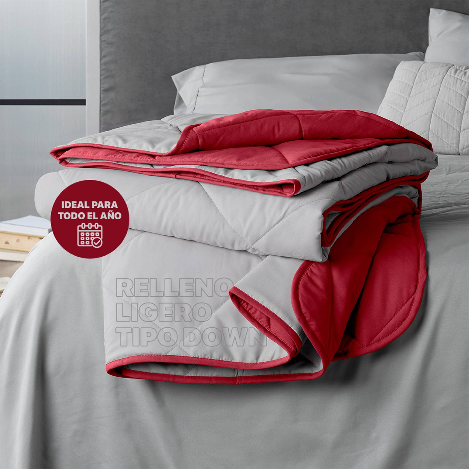 Edredón Colcha Ligero de Doble Vista King Size Gris Claro - Rojo Real Textil