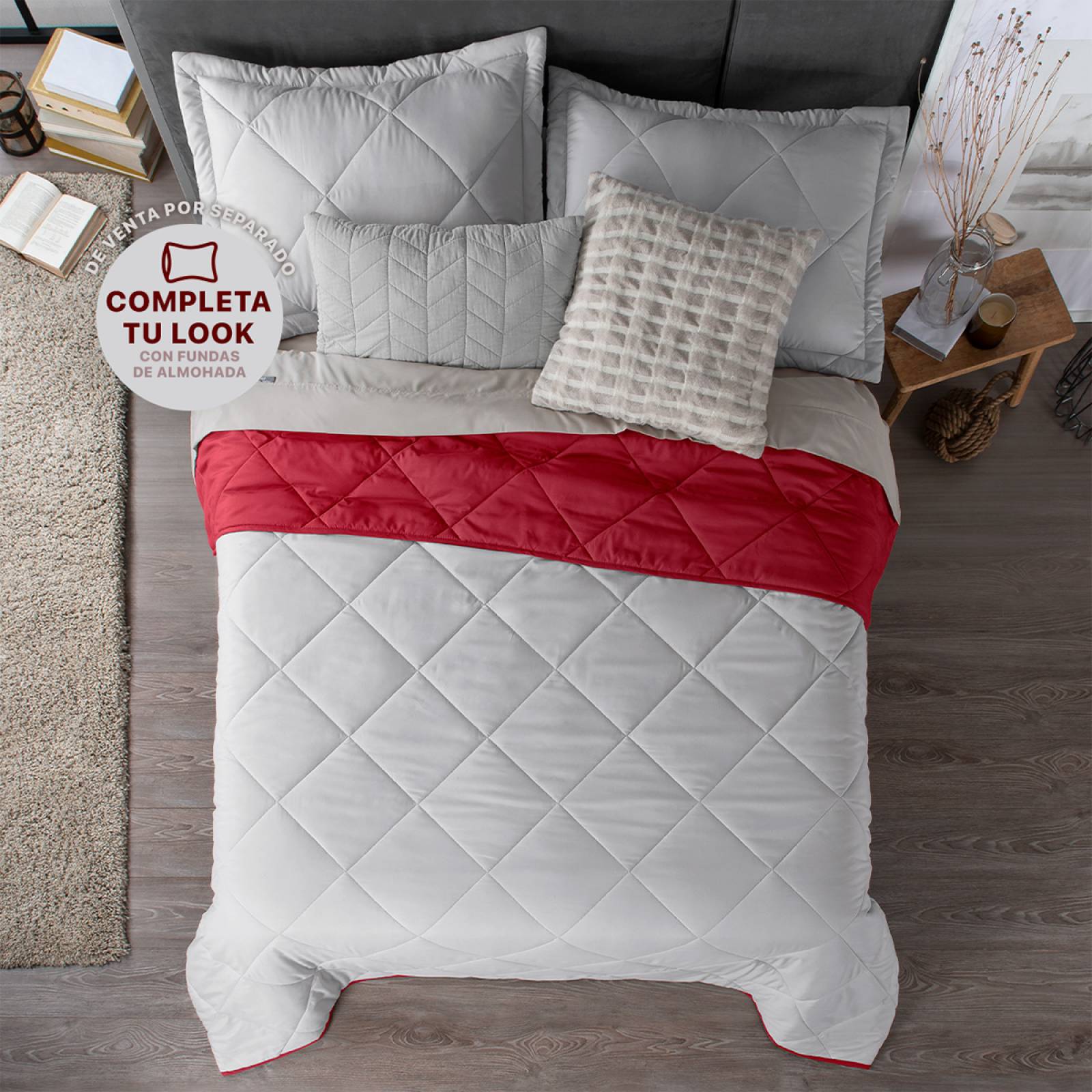 Edredón Colcha Ligero de Doble Vista King Size Gris Claro - Rojo Real Textil