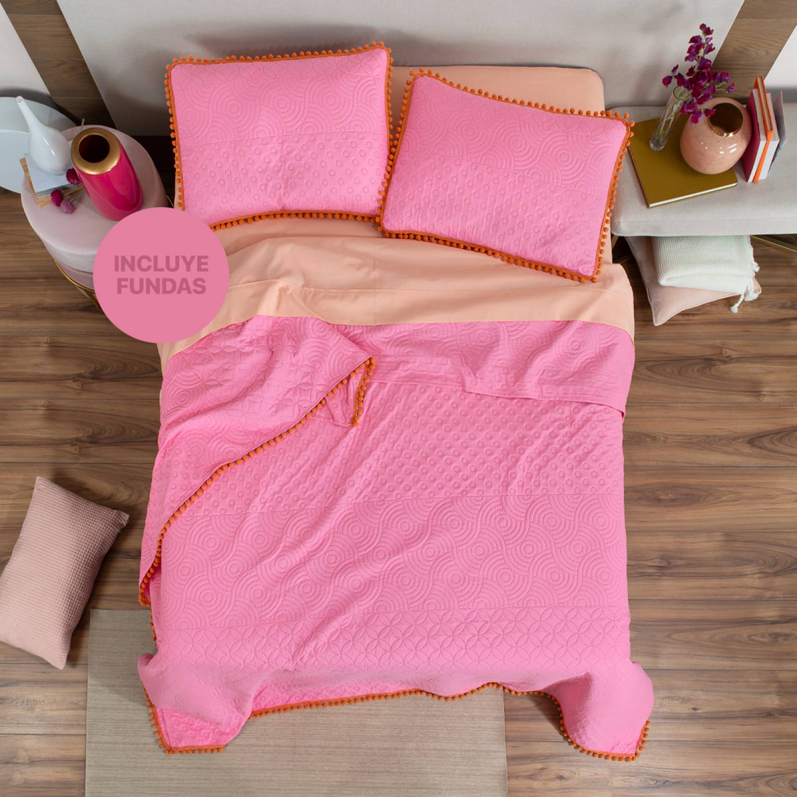 Edredón Ligero con Pompones King Size y Fundas de Almohada Rosa Naranja REAL TEXTIL.