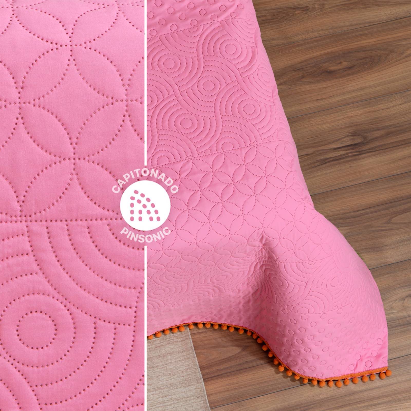 Edredón Ligero con Pompones King Size y Fundas de Almohada Rosa Naranja REAL TEXTIL.