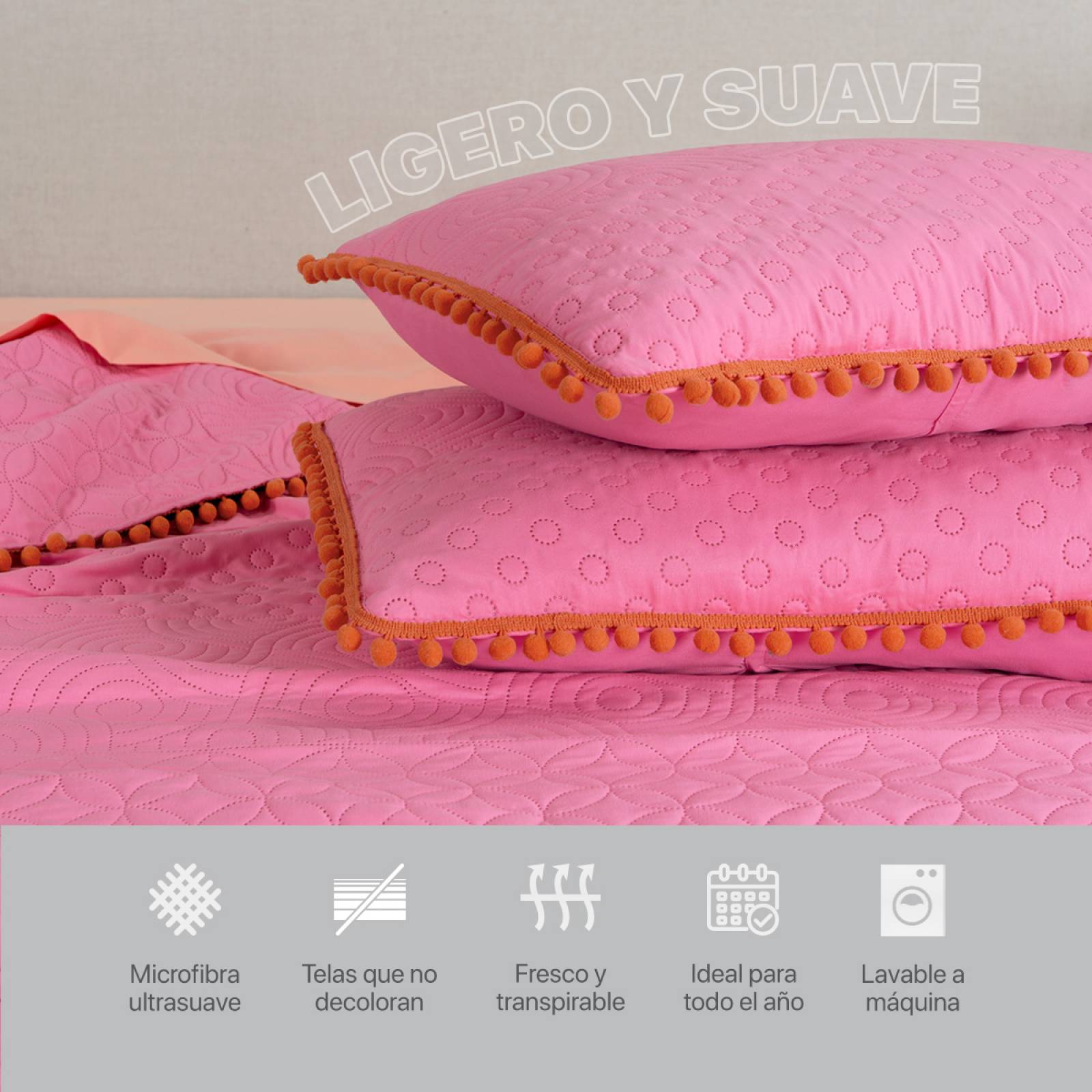 Edredón Ligero con Pompones King Size y Fundas de Almohada Rosa Naranja REAL TEXTIL.