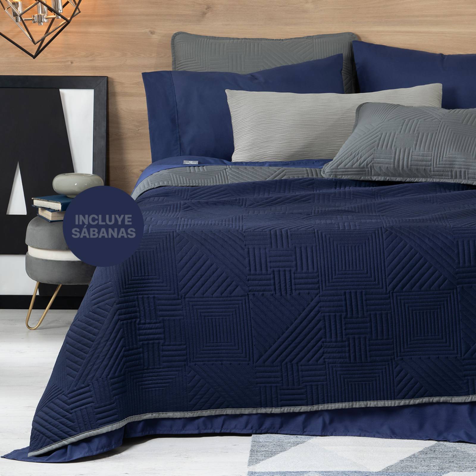 Set Edredón Ligero Queen Size con Fundas y Sabanas Azul Marino - Gris REAL TEXTIL.