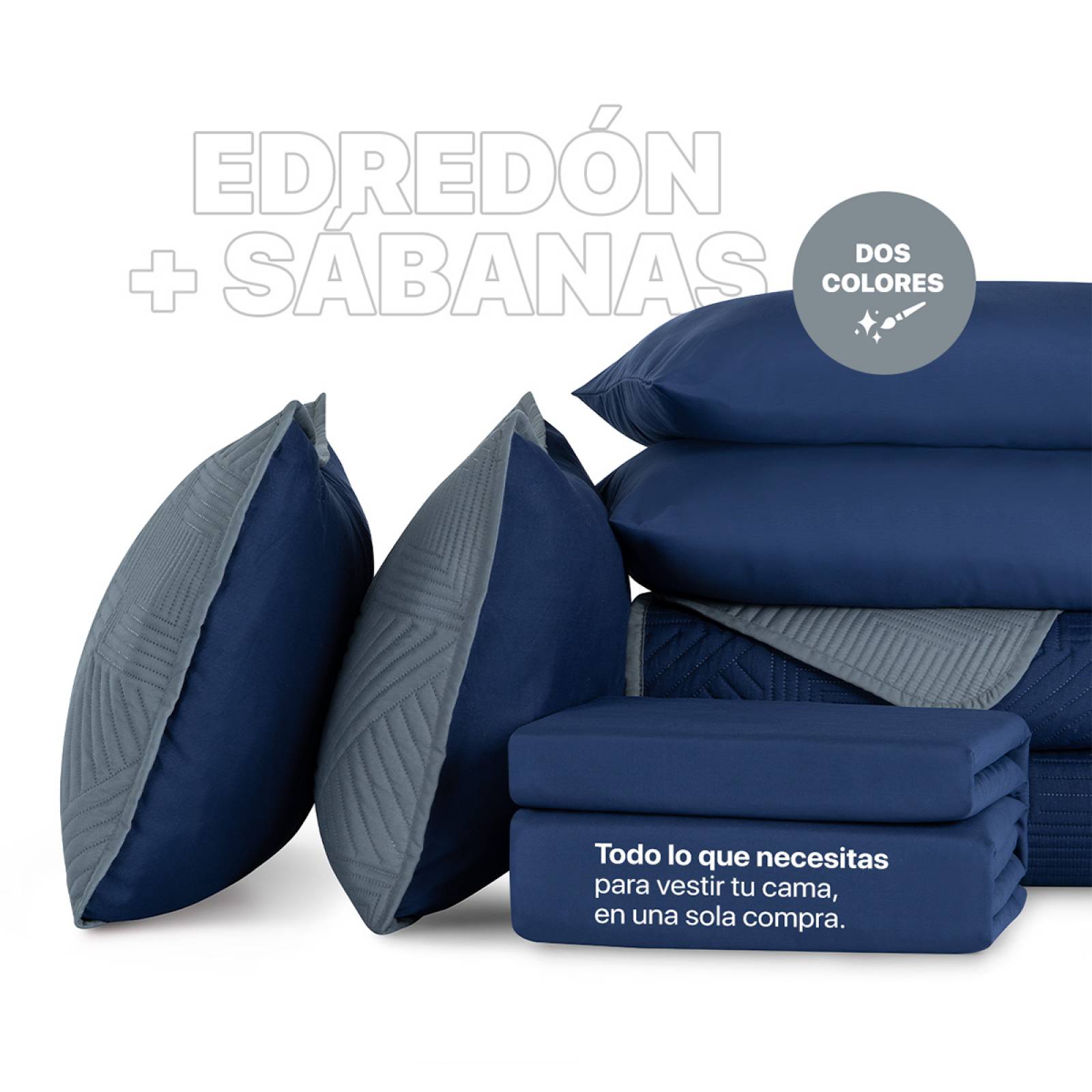Set Edredón Ligero Queen Size con Fundas y Sabanas Azul Marino - Gris REAL TEXTIL.