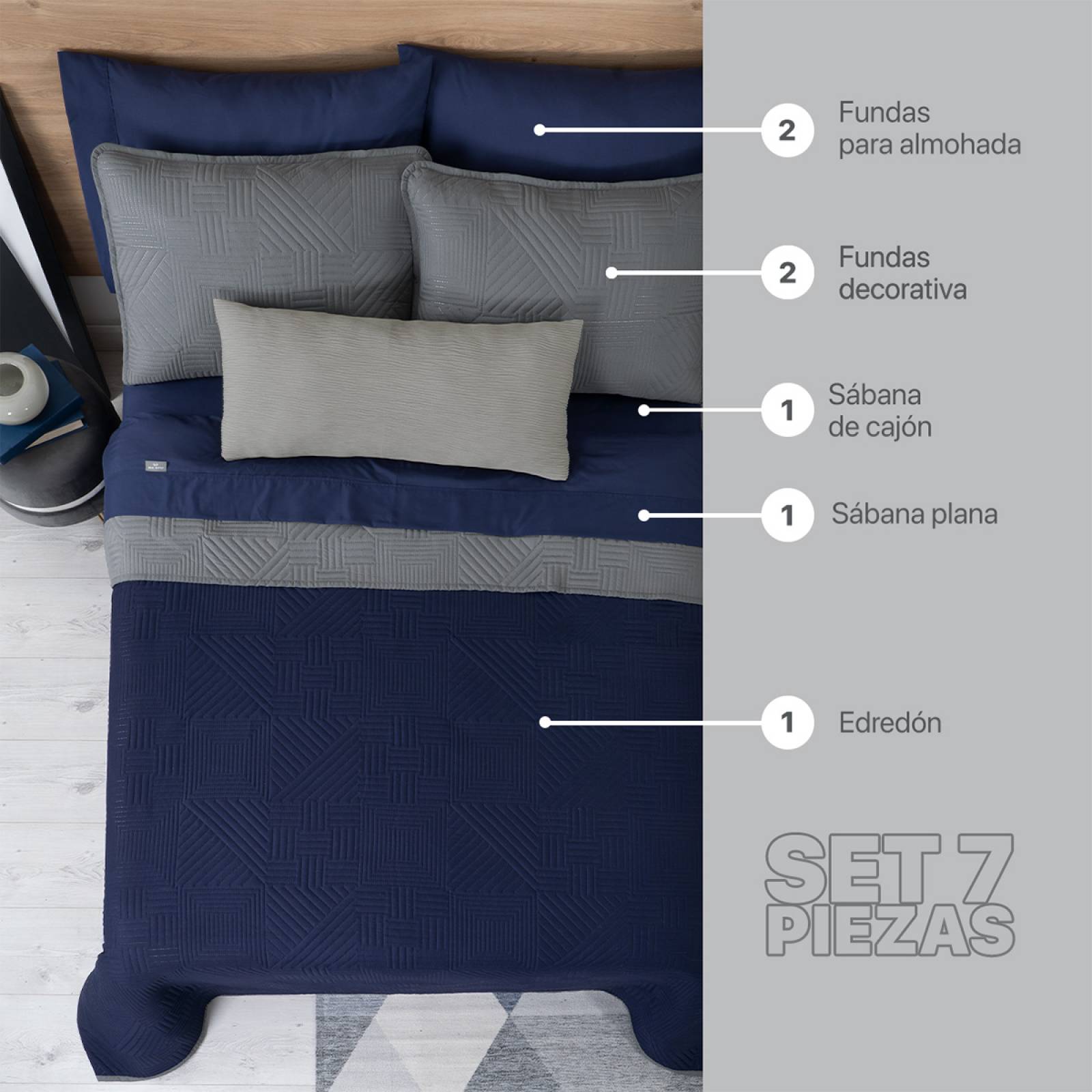 Set Edredón Ligero Queen Size con Fundas y Sabanas Azul Marino - Gris REAL TEXTIL.