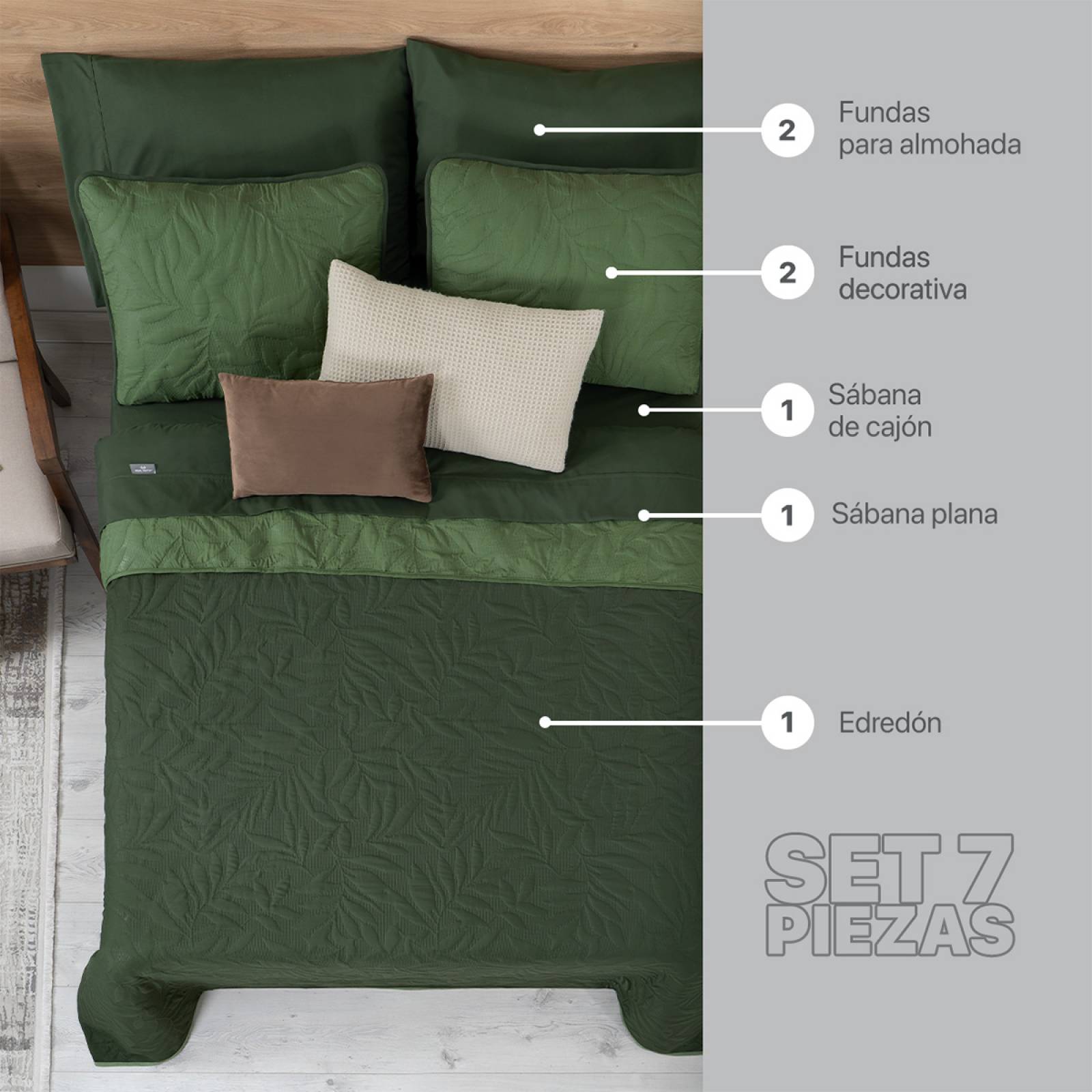 Set Edredón Ligero Queen Size con Fundas y Sabanas Verde Oscuro - Oliva REAL TEXTIL.