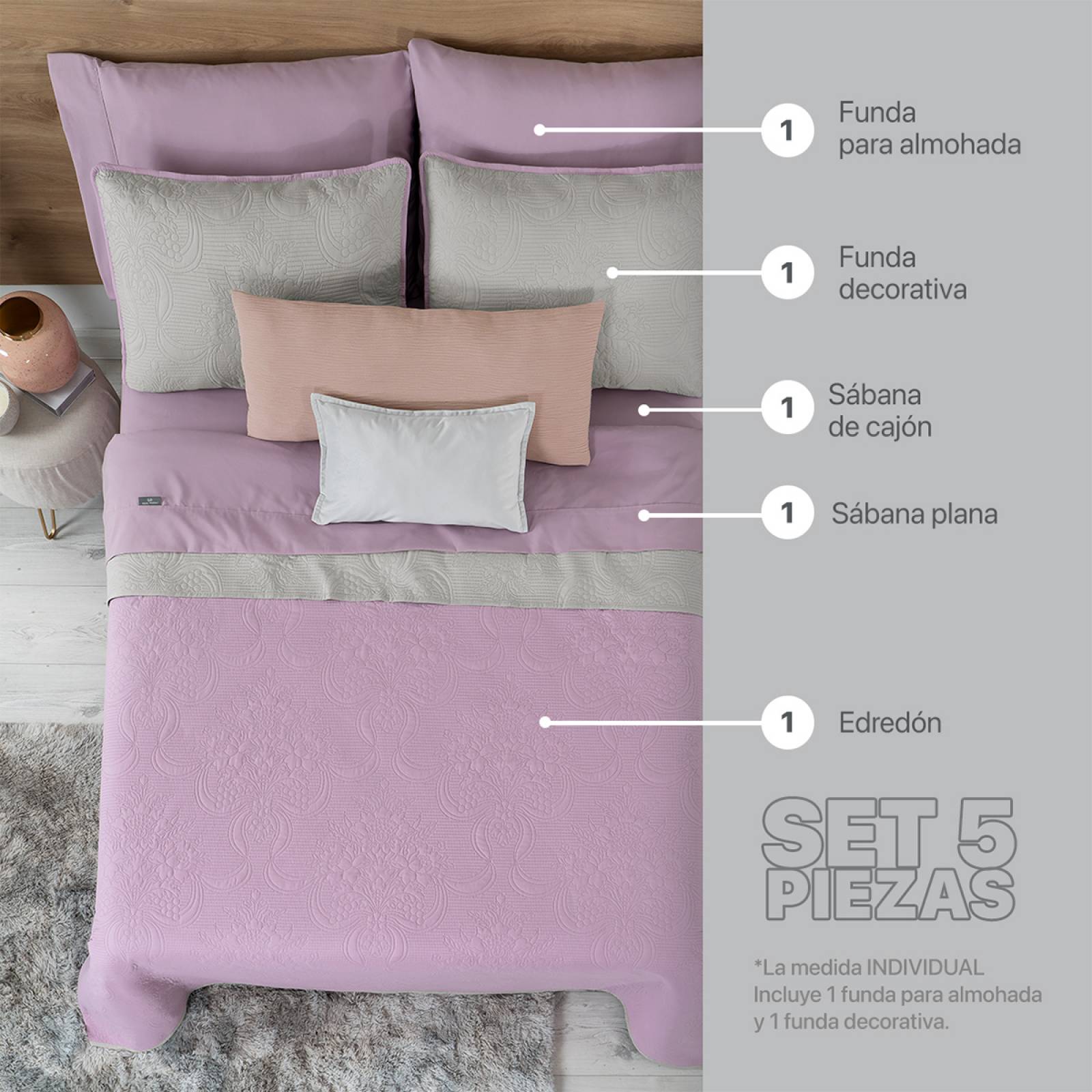 Set Edredón Ligero Individual con Fundas y Sabanas Violeta - Gris REAL TEXTIL.