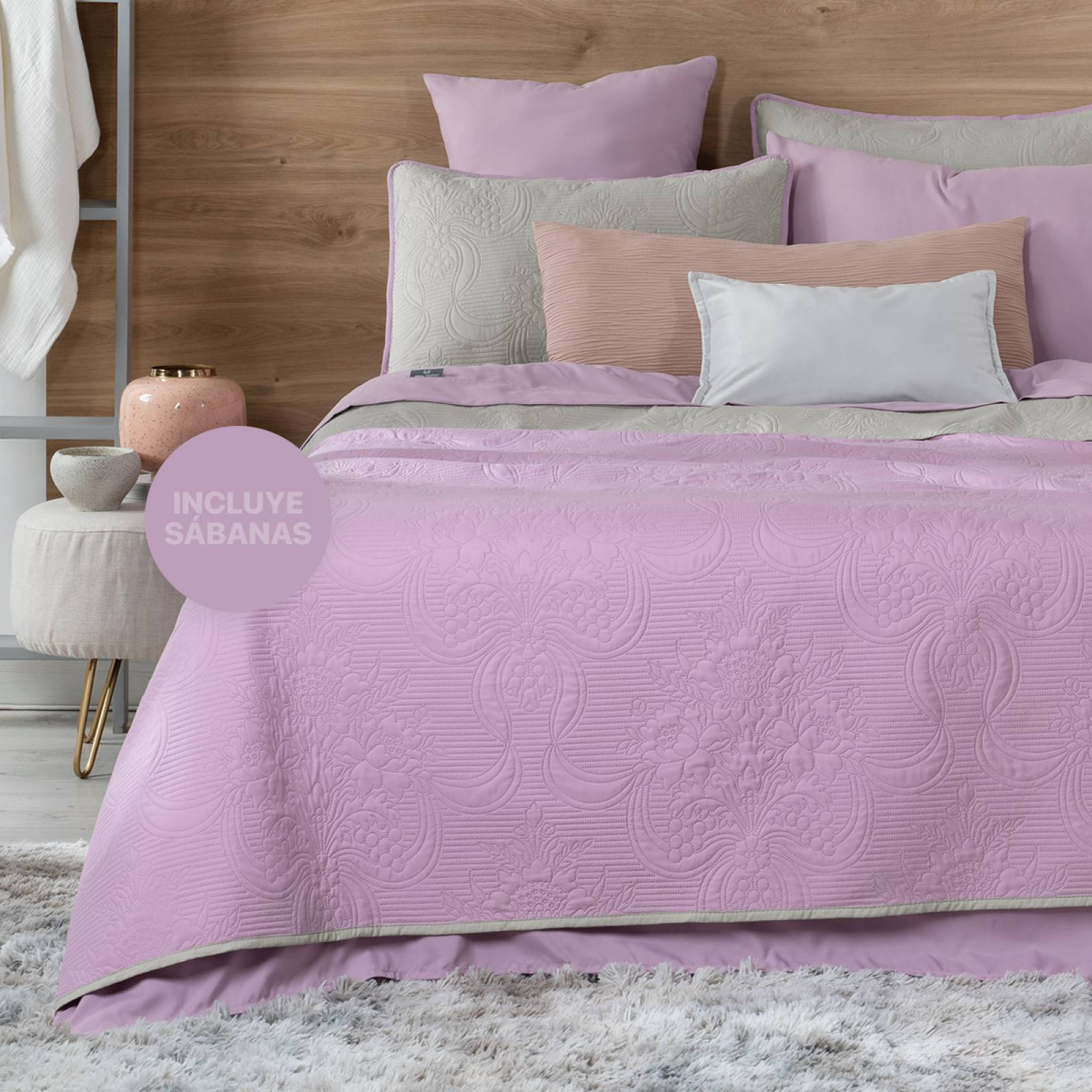 Set Edredón Ligero Queen Size con Fundas y Sabanas Violeta - Gris REAL TEXTIL.