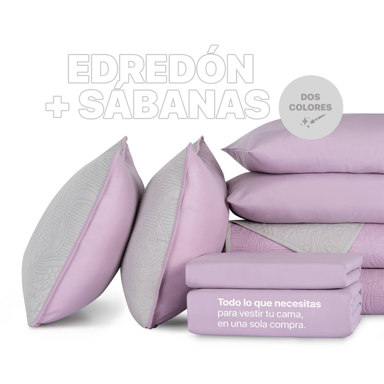 Set Edredón Ligero Queen Size con Fundas y Sabanas Violeta - Gris REAL TEXTIL.