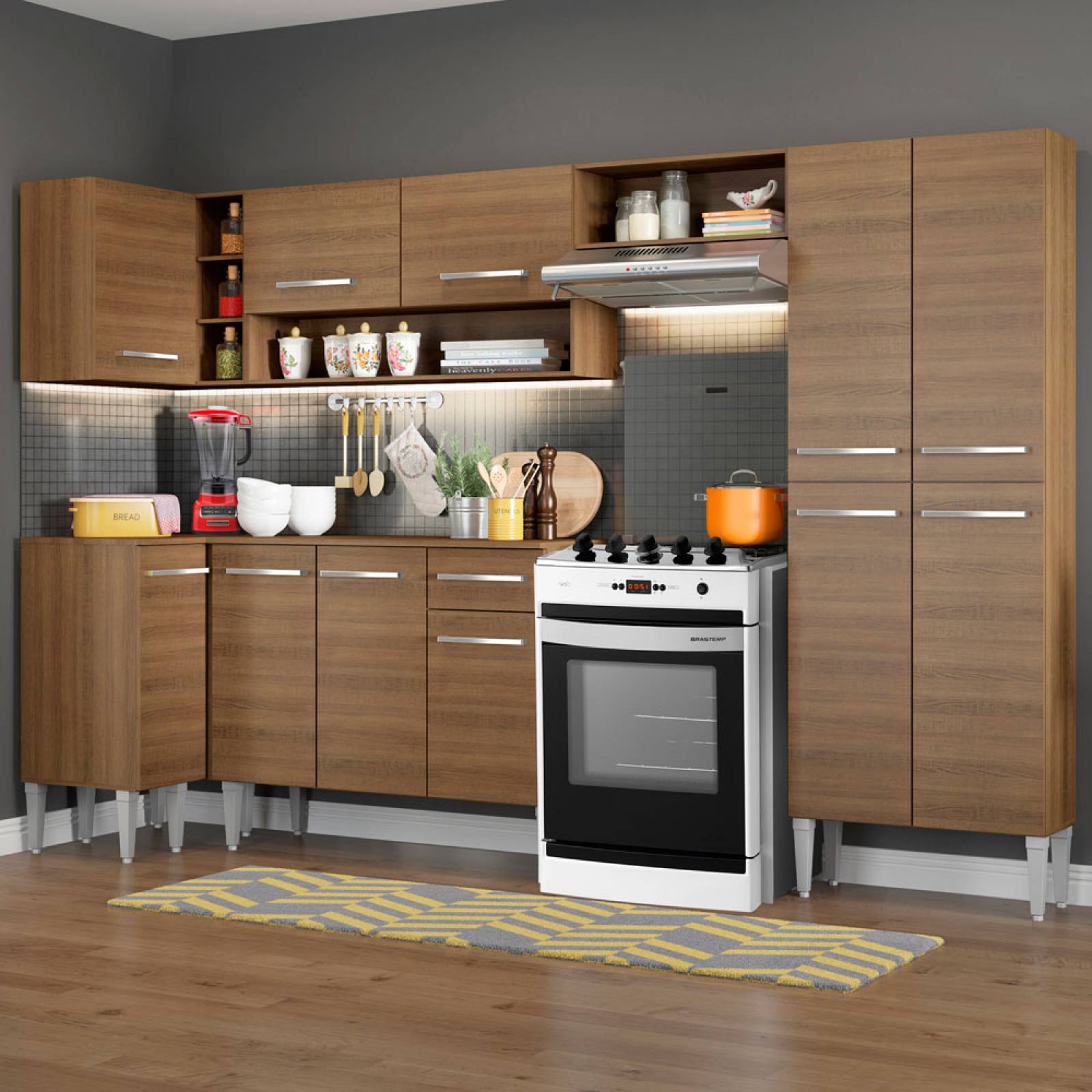 Mueble de Cocina Integral Esquinera 353cm Marrón/Negro Emilly Sun Madesa 01