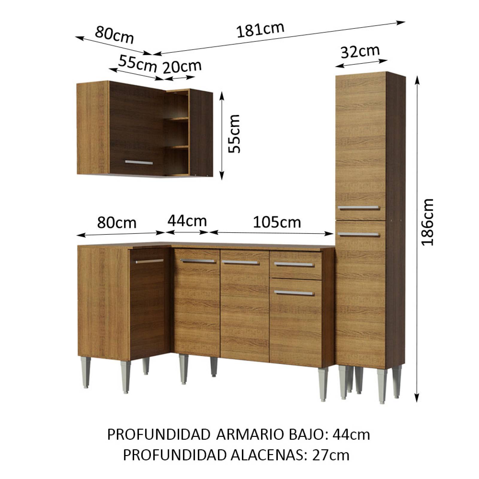 Mueble de Cocina Integral Esquinera 261cm Marrón Emilly Song Madesa 01